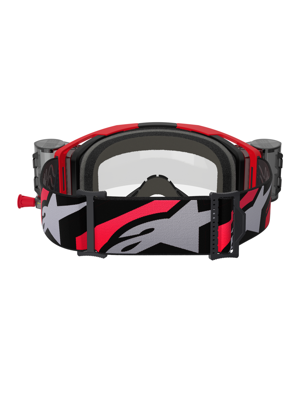 Alpinestars Vision 8 Luar Roll-Off Brille, Motocross-Brille, Rot, Schwarz und Klar, Rückansicht mit grauem Gesichtsschaumstoff, Roll-Off-System-Behältern an den Seiten und einem breiten, verstellbaren Brillenband mit großem grauen Alpinestars-Logo und roten Akzenten.