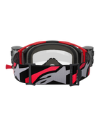 Alpinestars Vision 8 Luar Roll-Off Brille, Motocross-Brille, Rot, Schwarz und Klar, Rückansicht mit grauem Gesichtsschaumstoff, Roll-Off-System-Behältern an den Seiten und einem breiten, verstellbaren Brillenband mit großem grauen Alpinestars-Logo und roten Akzenten.