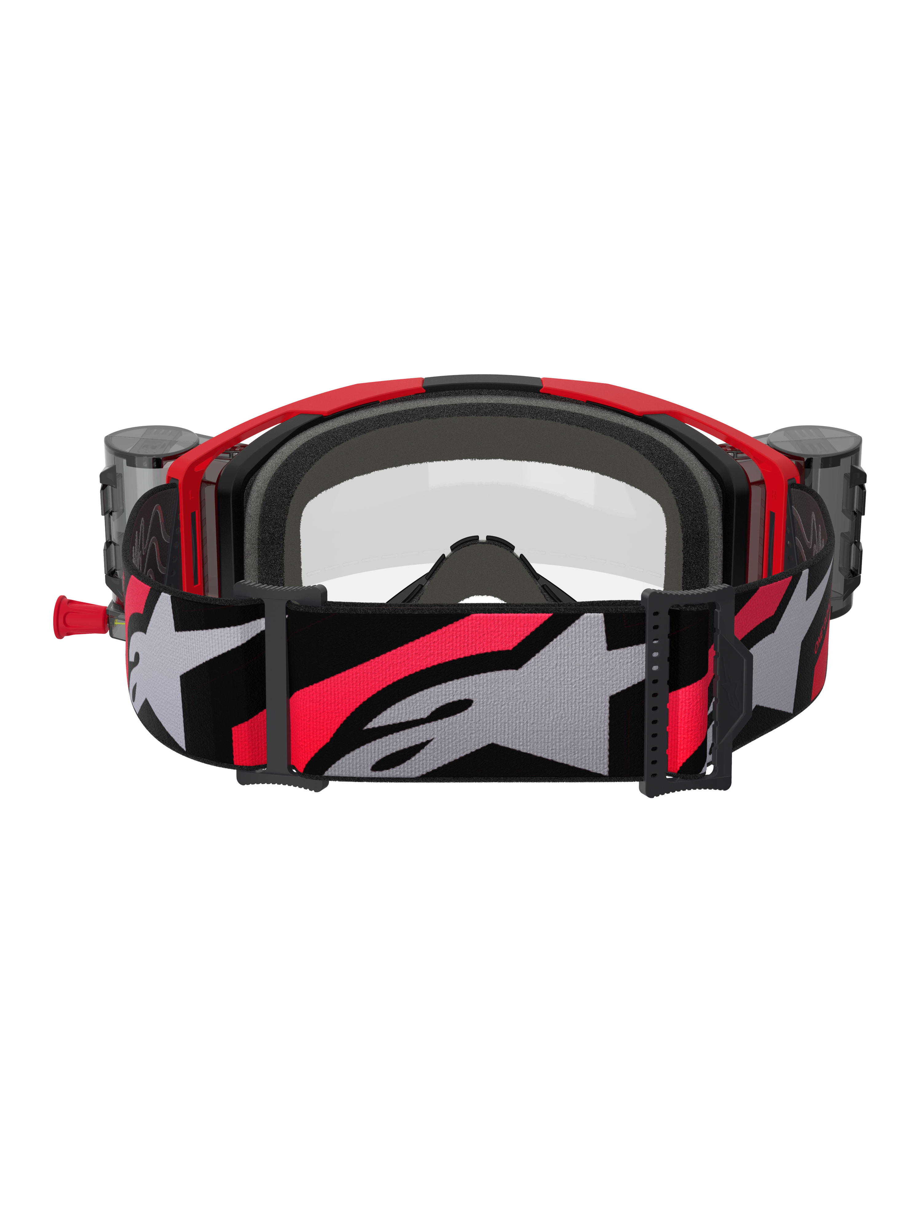 Alpinestars Vision 8 Luar Roll-Off Brille, Motocross-Brille, Rot, Schwarz und Klar, Rückansicht mit grauem Gesichtsschaumstoff, Roll-Off-System-Behältern an den Seiten und einem breiten, verstellbaren Brillenband mit großem grauen Alpinestars-Logo und roten Akzenten.