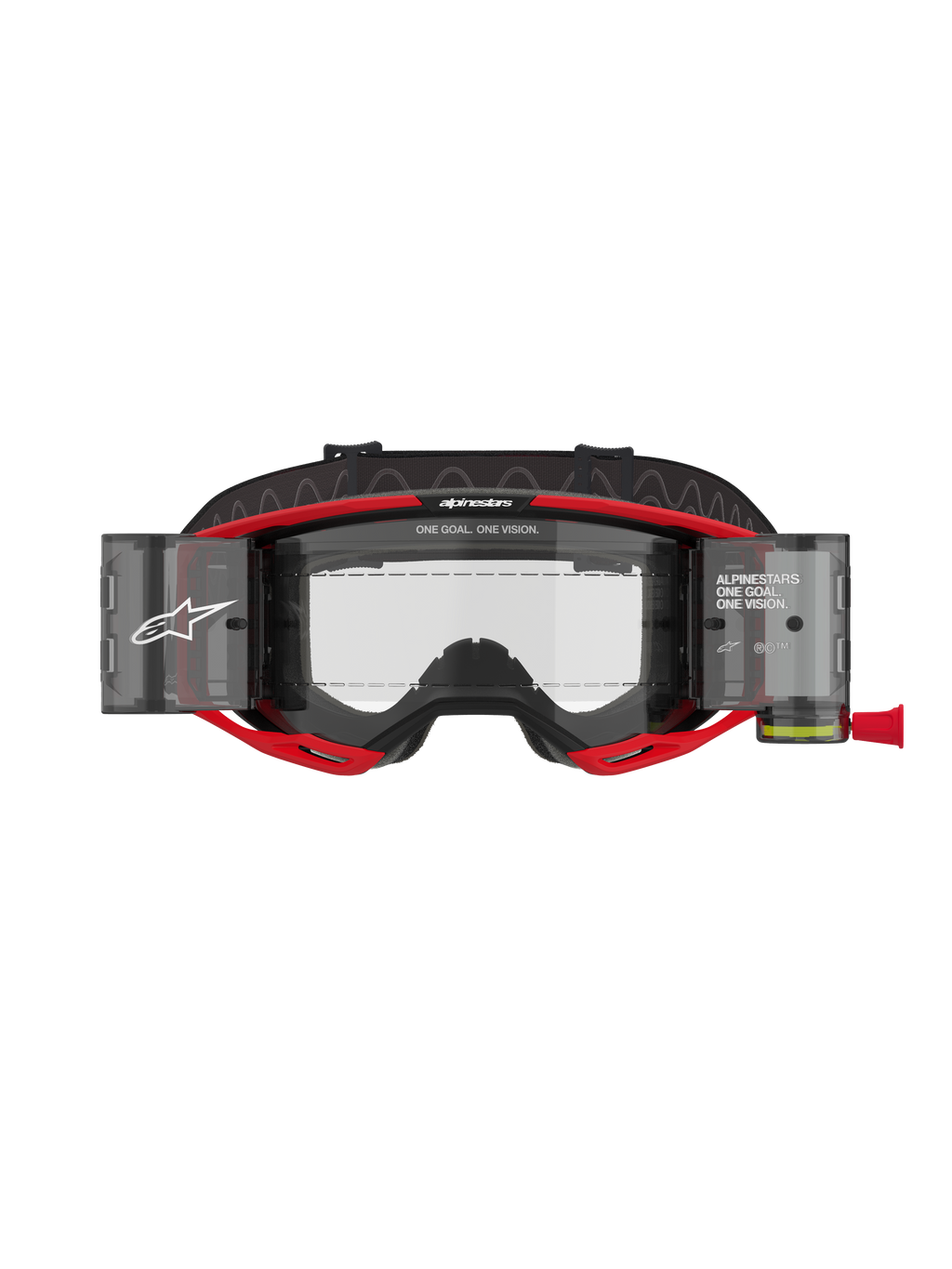 Alpinestars Vision 8 Luar Roll-Off-Brille, Motocross-Brille, Rot und Schwarz, mit klarer Linse und integrierten Roll-Off-System-Behältern, markantes Alpinestars-Branding mit „ONE GOAL. ONE VISION.“ Text, entwickelt für optimale Sicht im Offroad-Rennsport