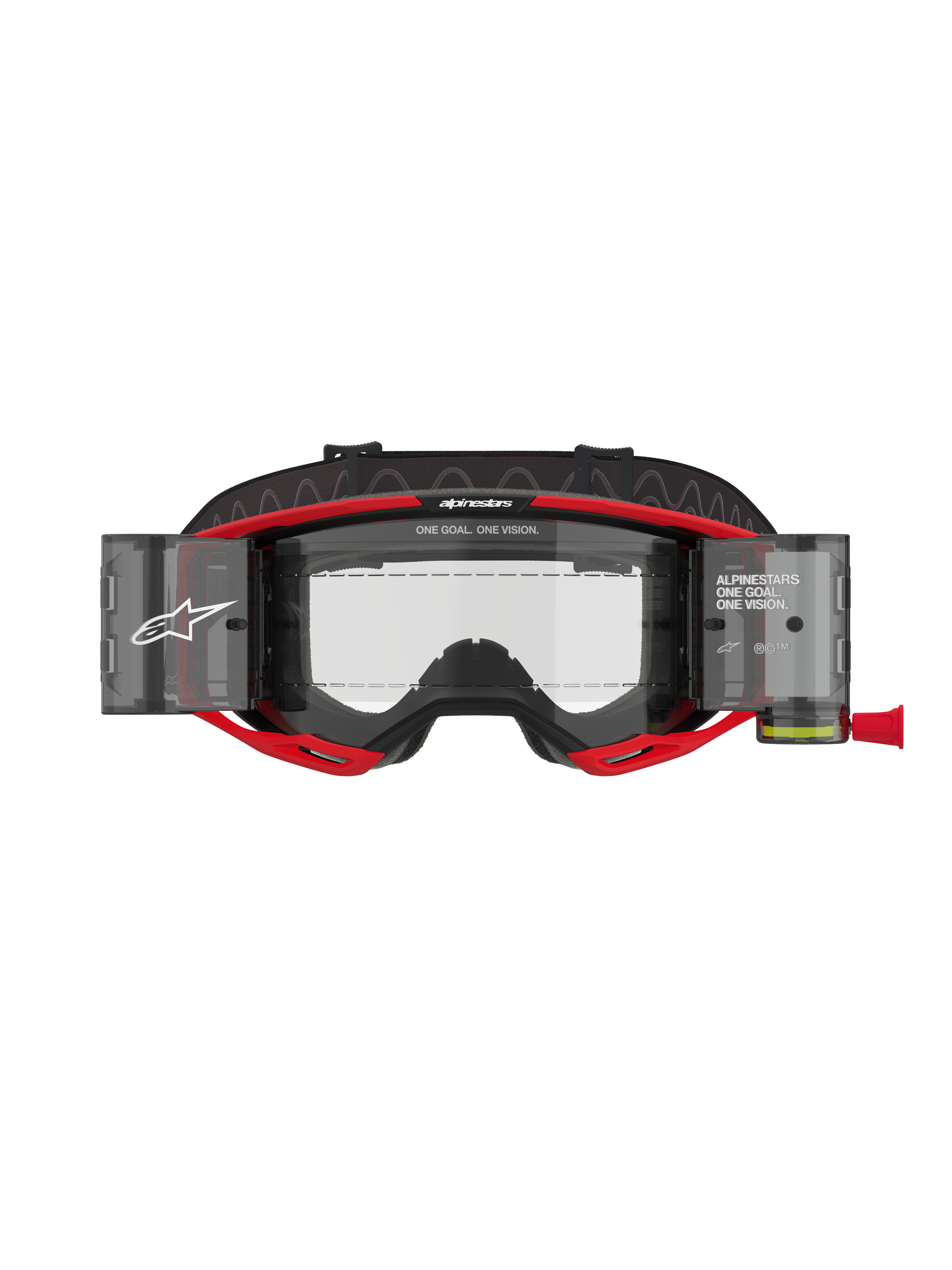 Alpinestars Vision 8 Luar Roll-Off-Brille, Motocross-Brille, Rot und Schwarz, mit klarer Linse und integrierten Roll-Off-System-Behältern, markantes Alpinestars-Branding mit „ONE GOAL. ONE VISION.“ Text, entwickelt für optimale Sicht im Offroad-Rennsport