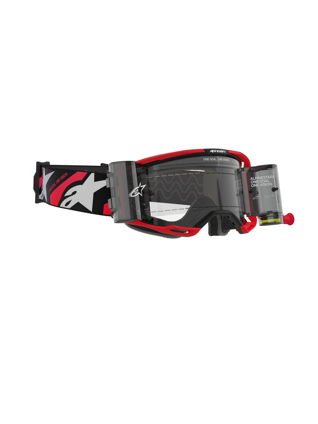 Alpinestars Vision 8 Luar Roll-Off Brille, Motocross-Brille, rot-schwarzer Rahmen mit klarem Glas, mit integriertem Roll-off-System und breitem schwarzen Band mit weißen Logos und roten Akzenten