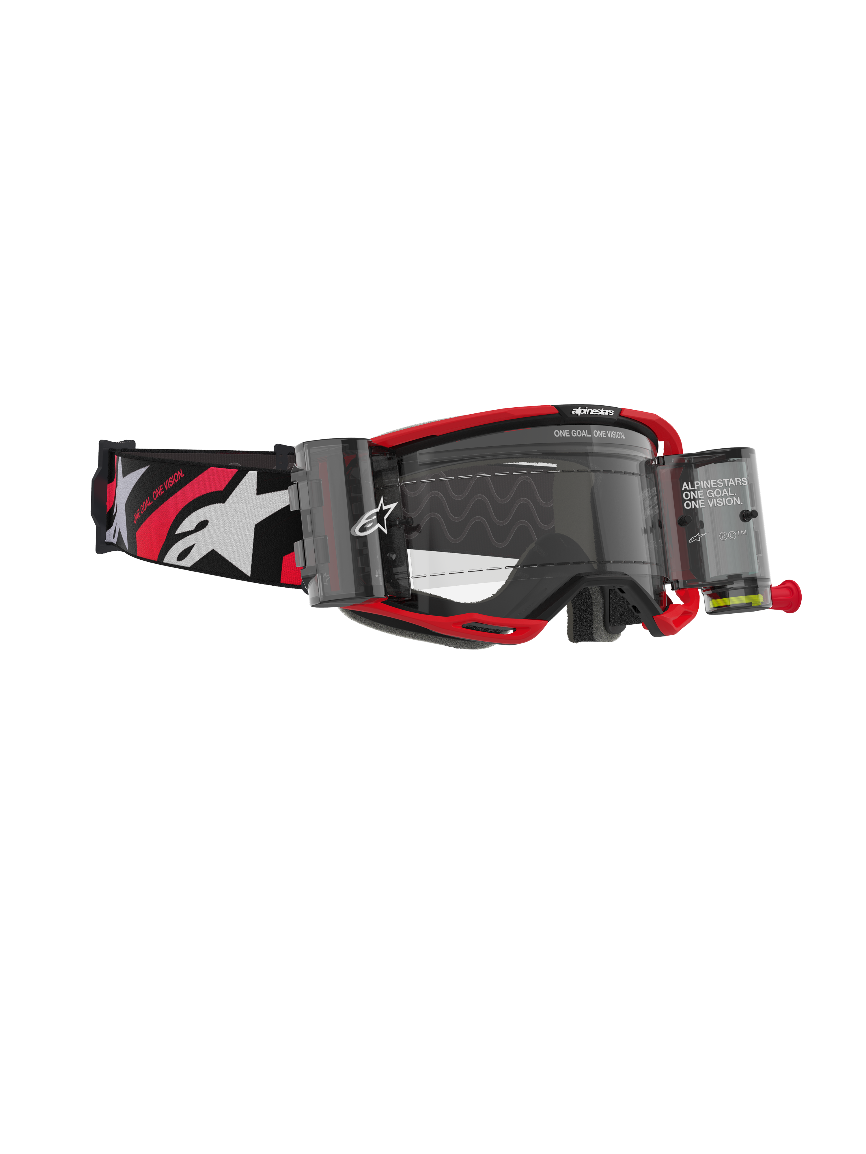 Alpinestars Vision 8 Luar Roll-Off Brille, Motocross-Brille, rot-schwarzer Rahmen mit klarem Glas, mit integriertem Roll-off-System und breitem schwarzen Band mit weißen Logos und roten Akzenten