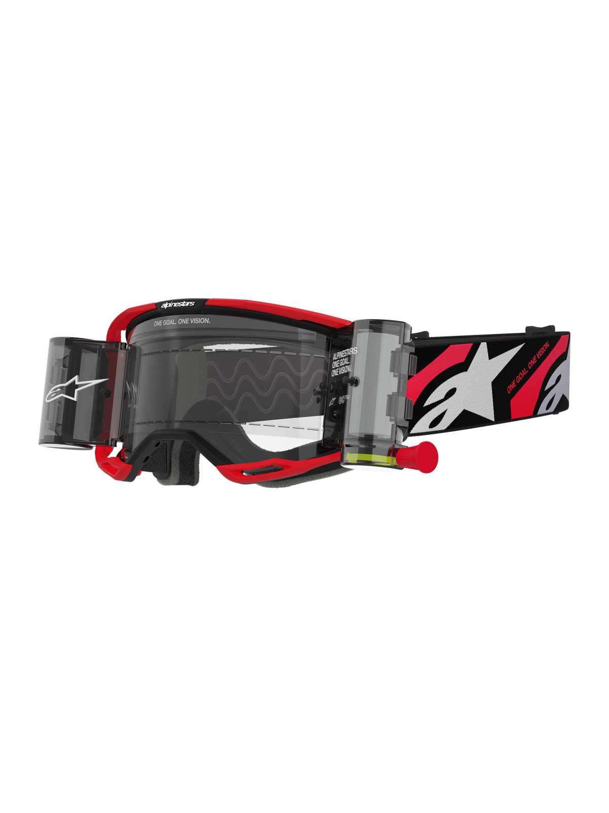Alpinestars Vision 8 Luar Goggles Roll Off, Motocross Goggles, Red and Black, Clear Lens with integrated wide-vision roll-off system, Red pull tab, Black strap with white star logo and 'ONE GOAL ONE VISION' graphics
