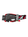 Alpinestars Vision 8 Luar Roll-Off-Brille, Motocross-Brille, Rot und Schwarz, klares Glas mit integriertem Wide-Vision Roll-Off-System, rote Zuglasche, schwarzes Brillenband mit weißem Stern-Logo und 'ONE GOAL ONE VISION'-Grafiken