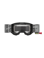 Alpinestars Vision 5 Corp Goggles Roll Off, Motocross Goggles, Black with Clear Lens, featuring integrated Wide Vision Roll-Off system canisters, anti-fog polycarbonate lens, A-FLEX urethane frame, and bold Alpinestars branding.