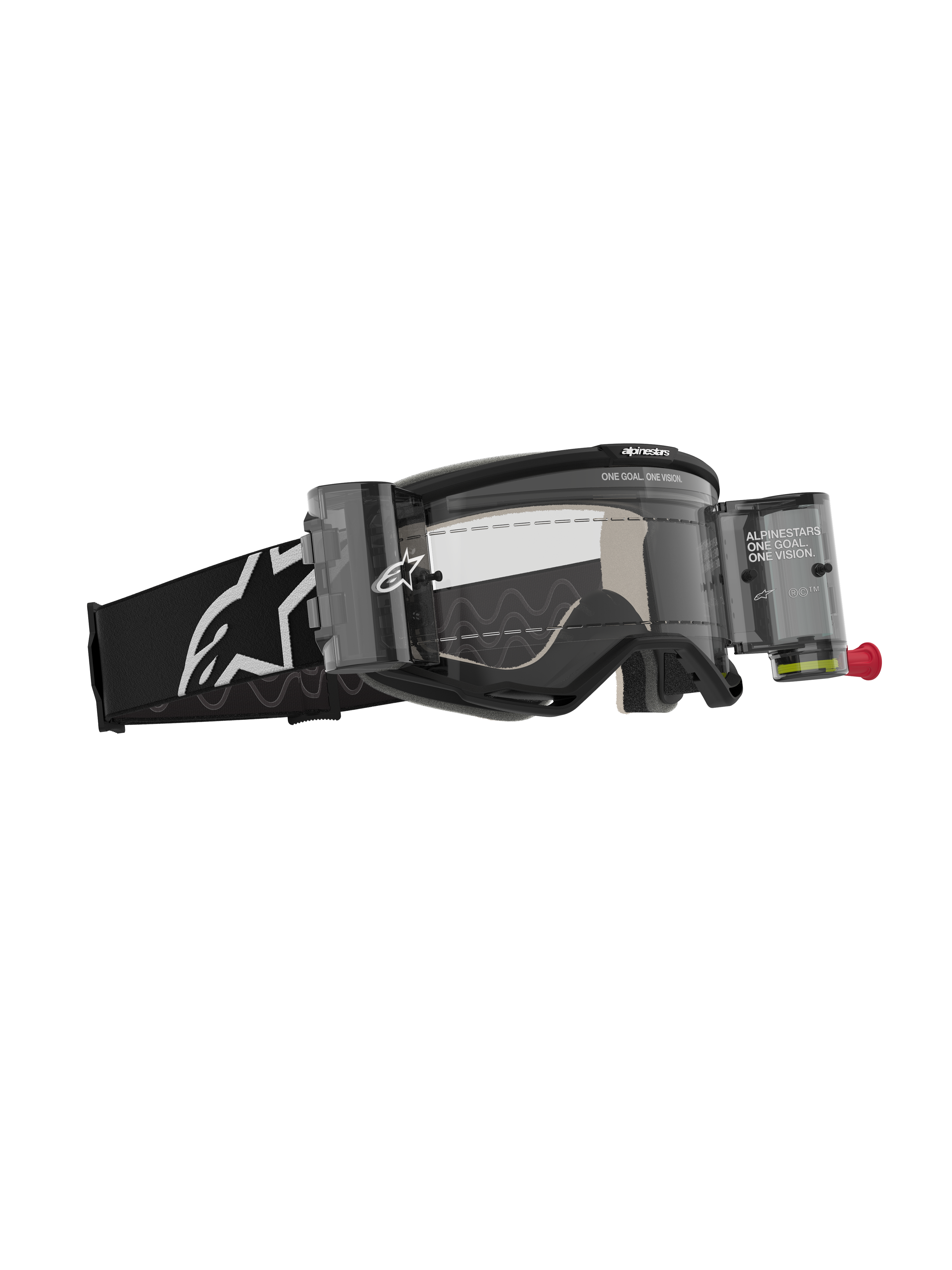 Alpinestars Vision 5 Corp Goggles Roll Off, Motocross Goggles, Black with Clear Lens, featuring Wide Vision Roll-Off system with canisters and film, black woven strap with white Alpinestars logo, high-performance eye protection for off-road racing.