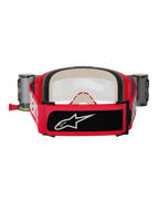 Alpinestars Vision 5 Blaze Goggles Roll Off, masque de motocross rouge et noir, vue arrière montrant la large sangle tissée avec marquage blanc et écusson logo noir, mousse faciale multicouche épaisse et boîtiers du système roll-off Wide Vision sur les côtés, équipement de protection