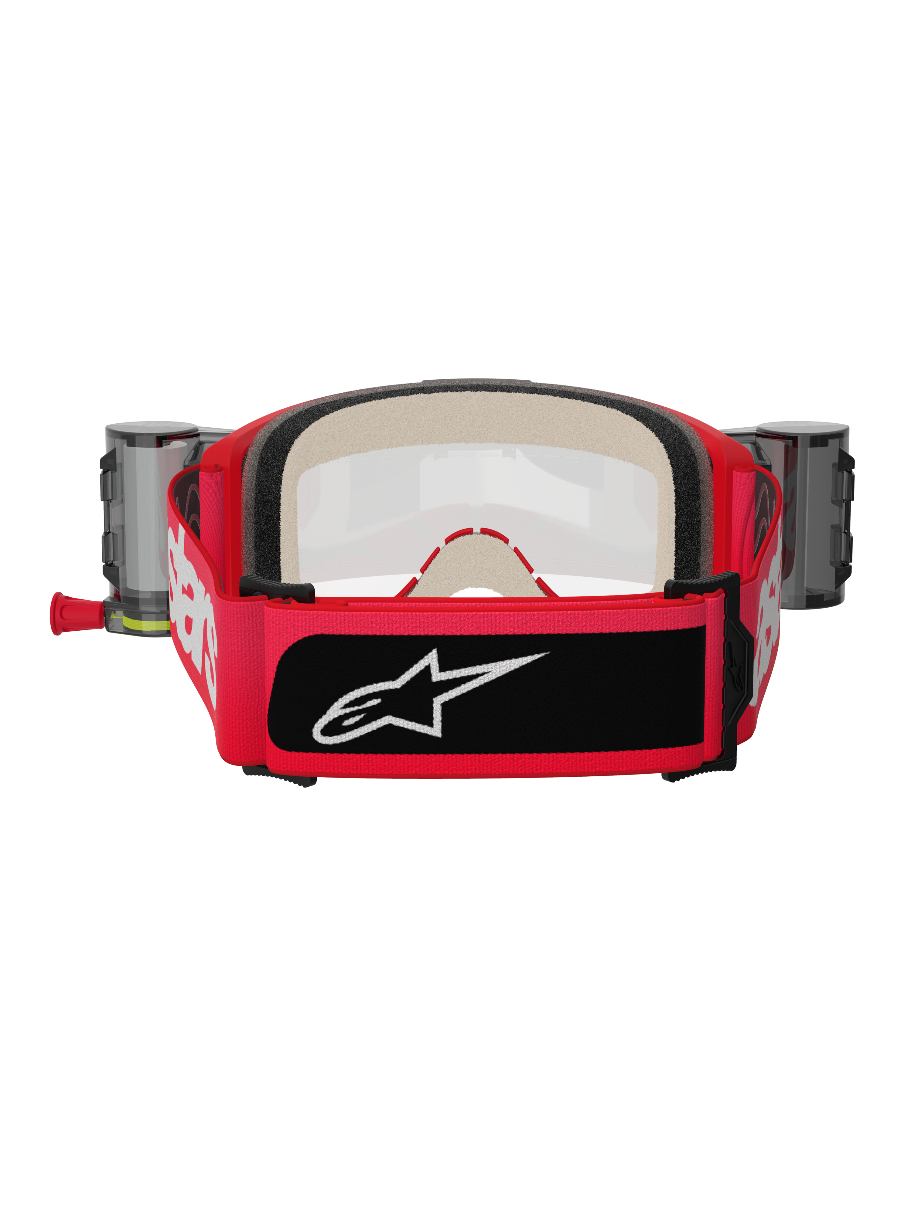 Alpinestars Vision 5 Blaze Goggles Roll Off, masque de motocross rouge et noir, vue arrière montrant la large sangle tissée avec marquage blanc et écusson logo noir, mousse faciale multicouche épaisse et boîtiers du système roll-off Wide Vision sur les côtés, équipement de protection
