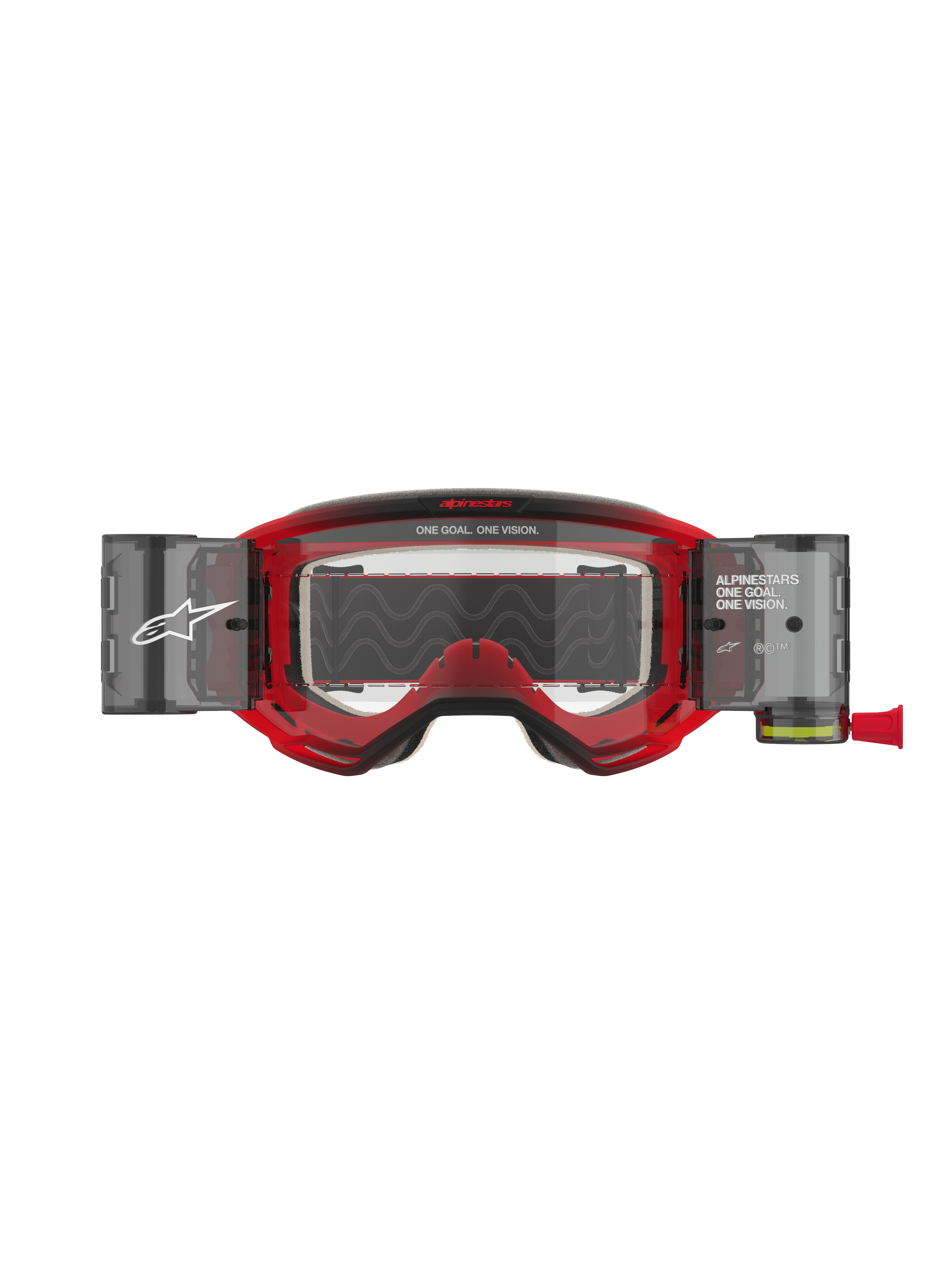 Masque Alpinestars Vision 5 Blaze Roll Off, masque de motocross, monture rouge avec écran clair, doté du système Wide Vision Roll-Off intégré avec boîtiers latéraux, marquage « ONE GOAL. ONE VISION. » sur la monture et l'écran, protection oculaire professionnelle pour le tout-terrain