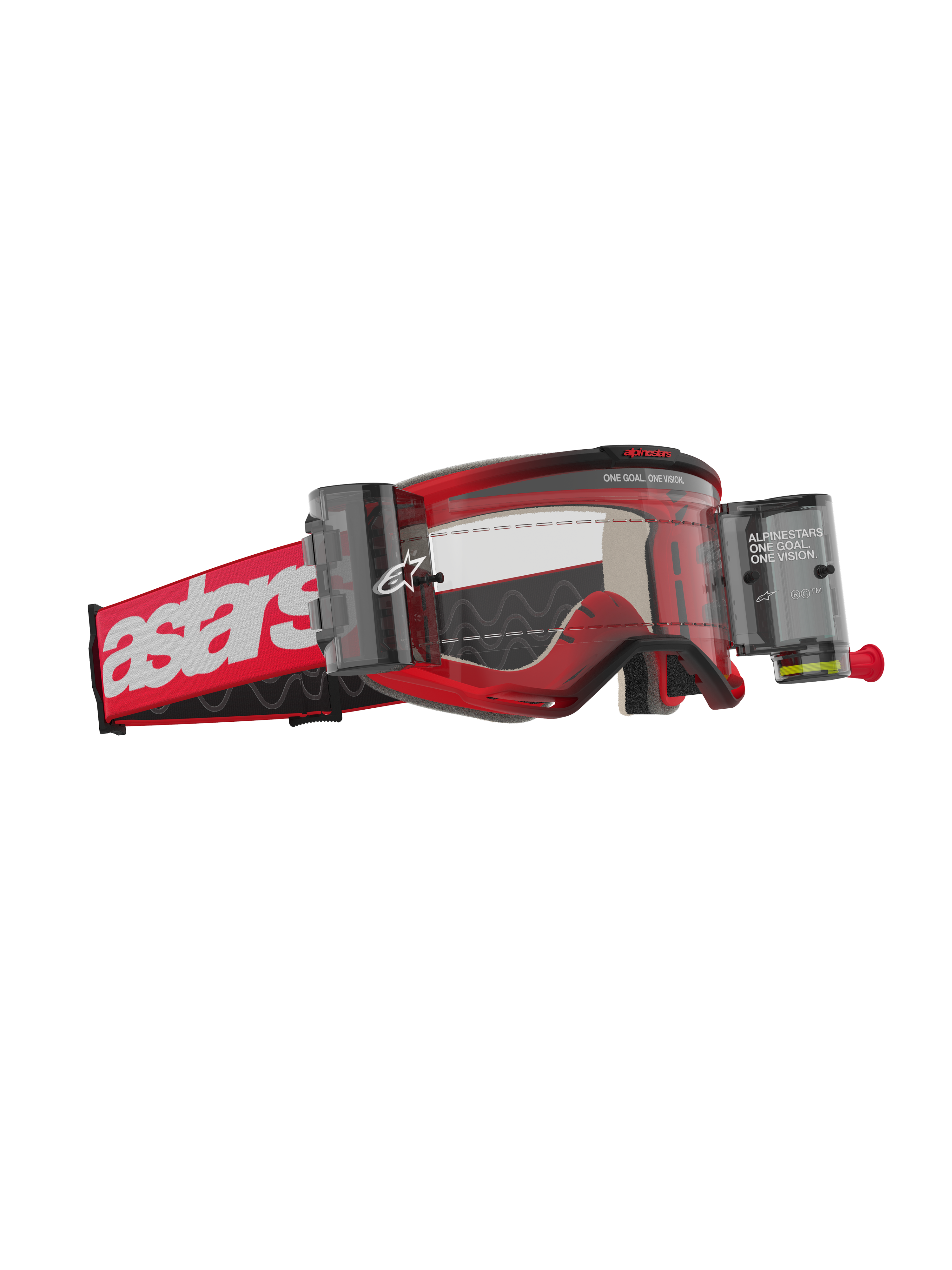 Masque Alpinestars Vision 5 Blaze Roll Off, masque de motocross, monture rouge avec logo astars blanc sur le bandeau, écran clair avec boîtiers du système Wide Vision Roll-Off intégrés, protection oculaire durable pour la conduite tout-terrain