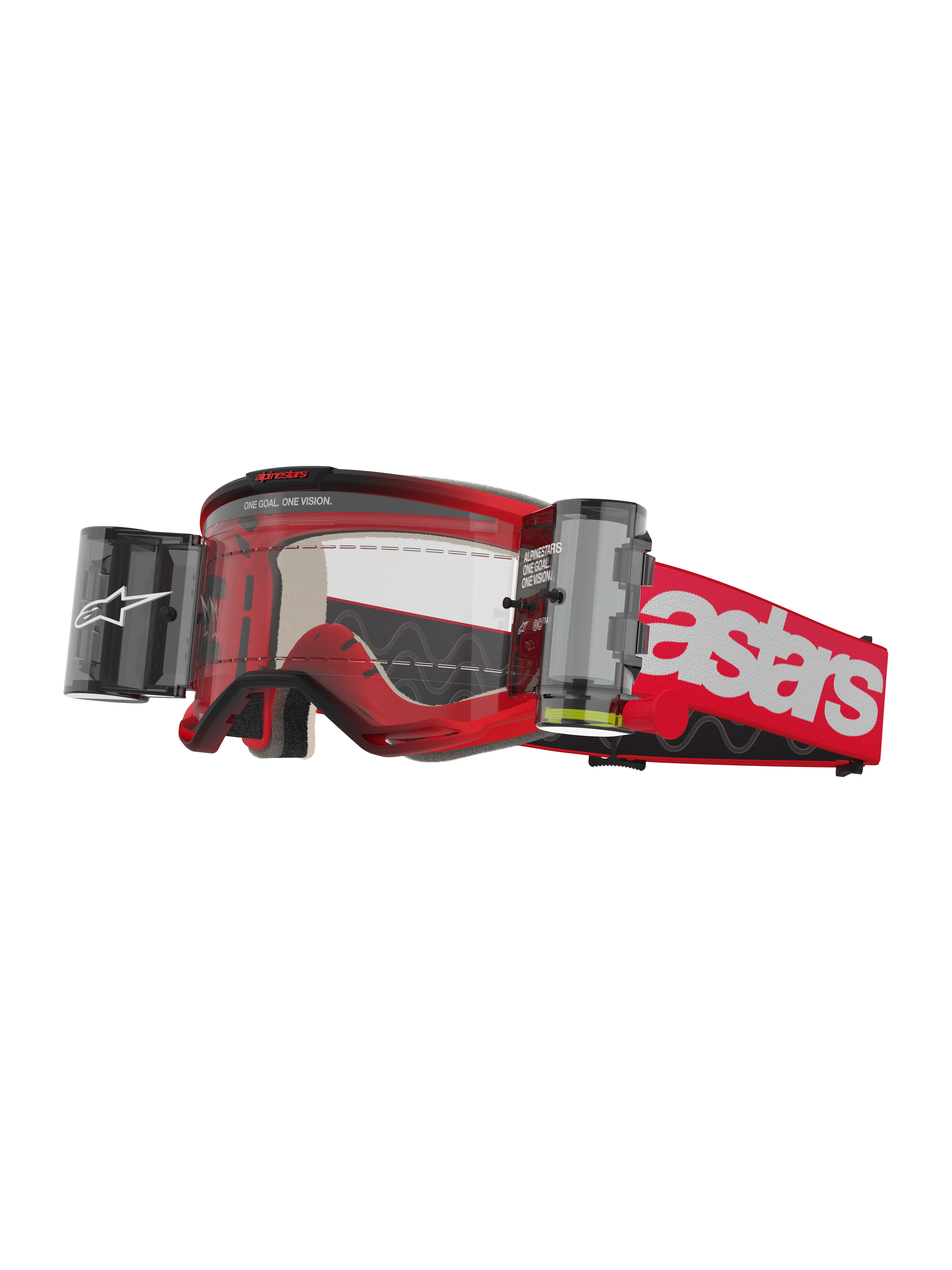 Alpinestars Vision 5 Blaze Goggles Roll Off, masque de motocross, rouge et blanc, écran transparent avec système de film roll-off Wide Vision intégré, boîtiers latéraux doubles, bandeau tissé rouge avec logo astars blanc, monture en uréthane durable avec rembourrage en mousse, lunettes de protection pour le tout-terrain