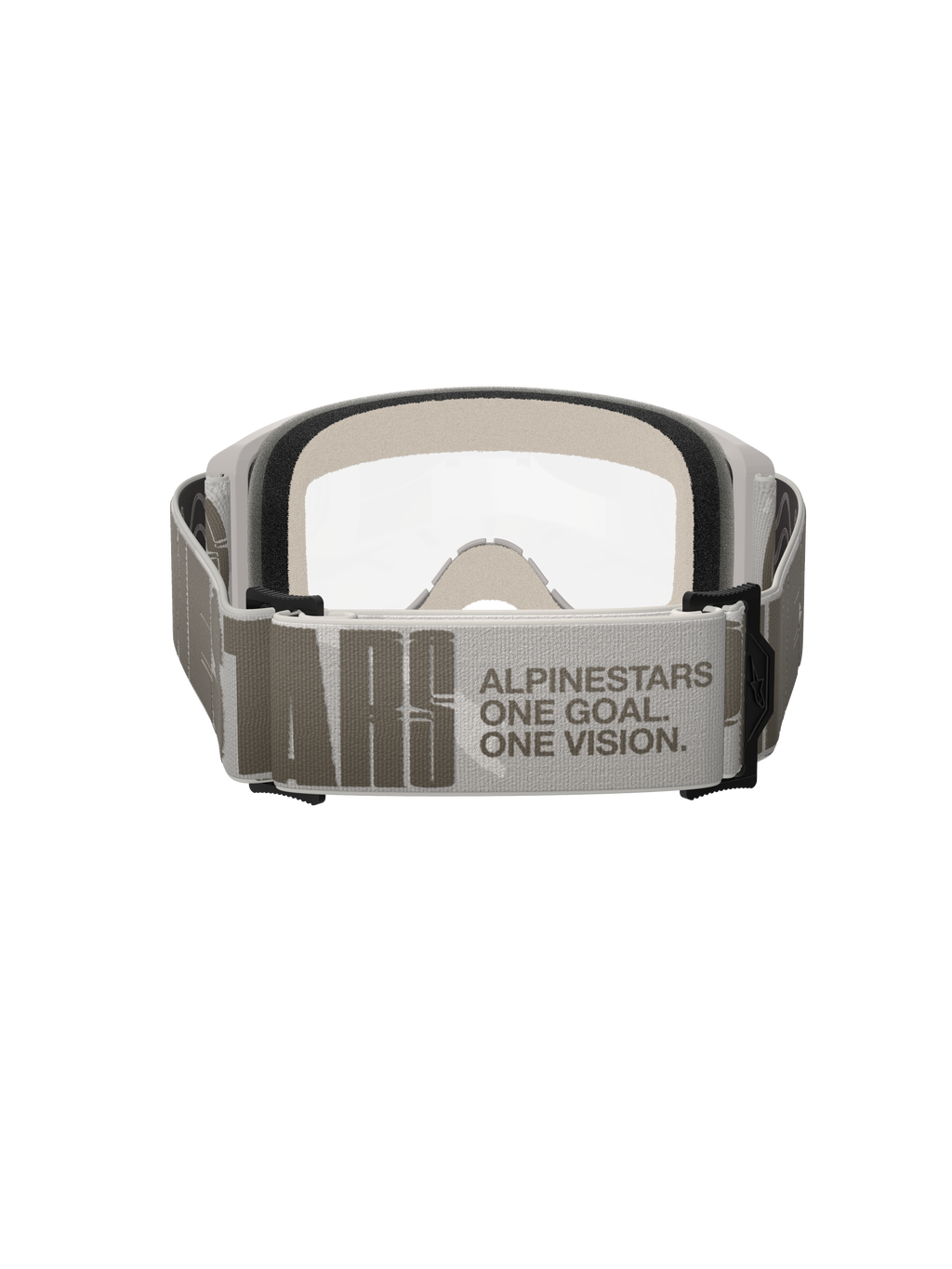 Alpinestars Vision 5 Hollow Goggles, motorcrossbril, Wind Clear, achteraanzicht gericht op de brede lichtgrijze band met Alpinestars-branding en 'One Goal One Vision' slogan, wit frame met heldere lens en dik gezichtsschuim zichtbaar