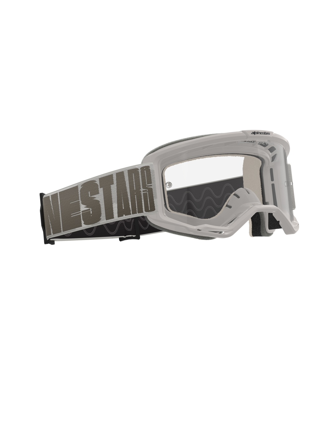 Alpinestars Vision 5 Hollow Goggles, motorcrossbril, Wind Clear, lichtgrijs frame met heldere anti-condenslens, brede geweven band met opvallende 'NESTARS'-branding, hoogwaardige beschermende bril voor off-road racen