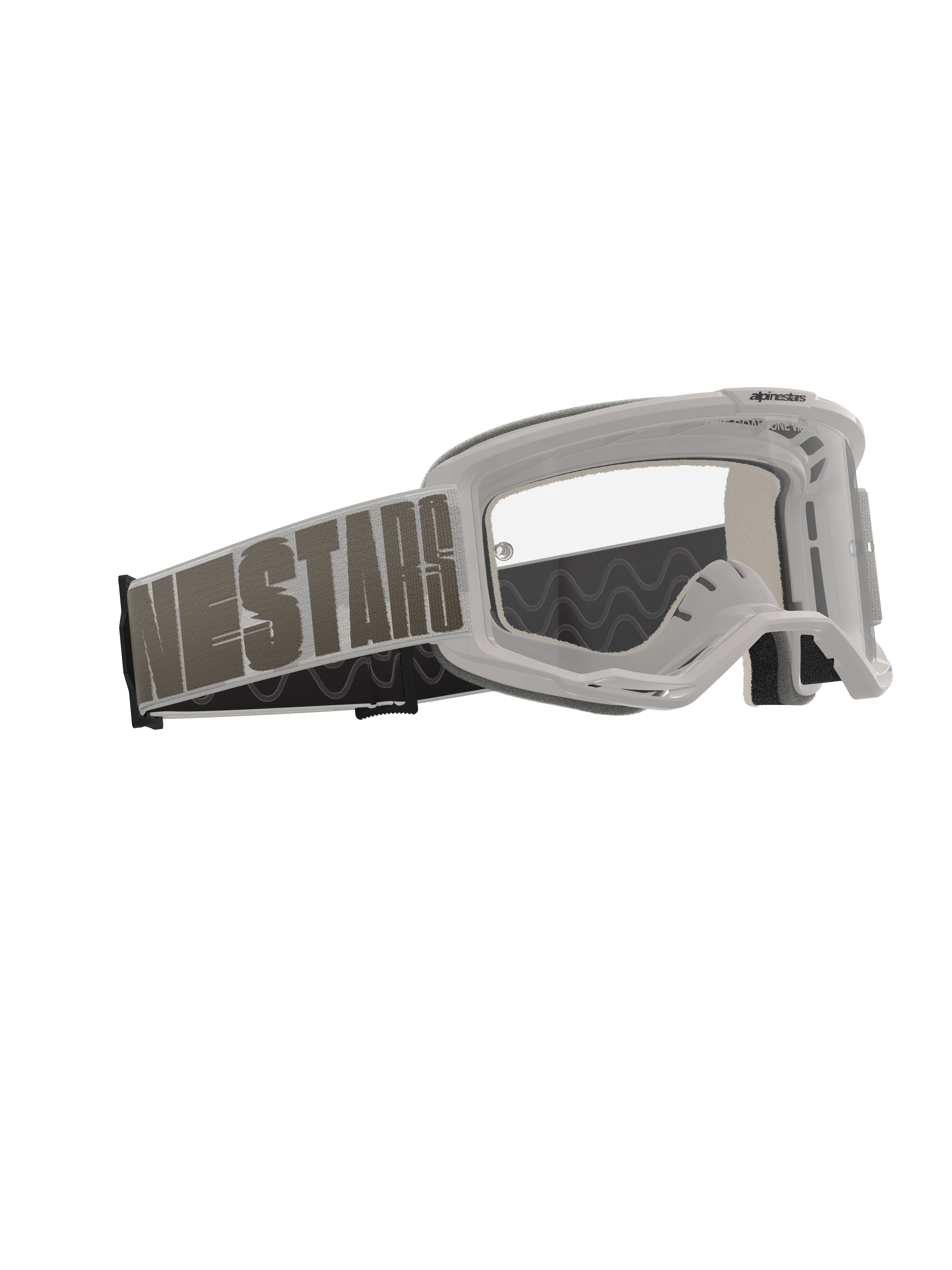 Alpinestars Vision 5 Hollow Goggles, motorcrossbril, Wind Clear, lichtgrijs frame met heldere anti-condenslens, brede geweven band met opvallende 'NESTARS'-branding, hoogwaardige beschermende bril voor off-road racen
