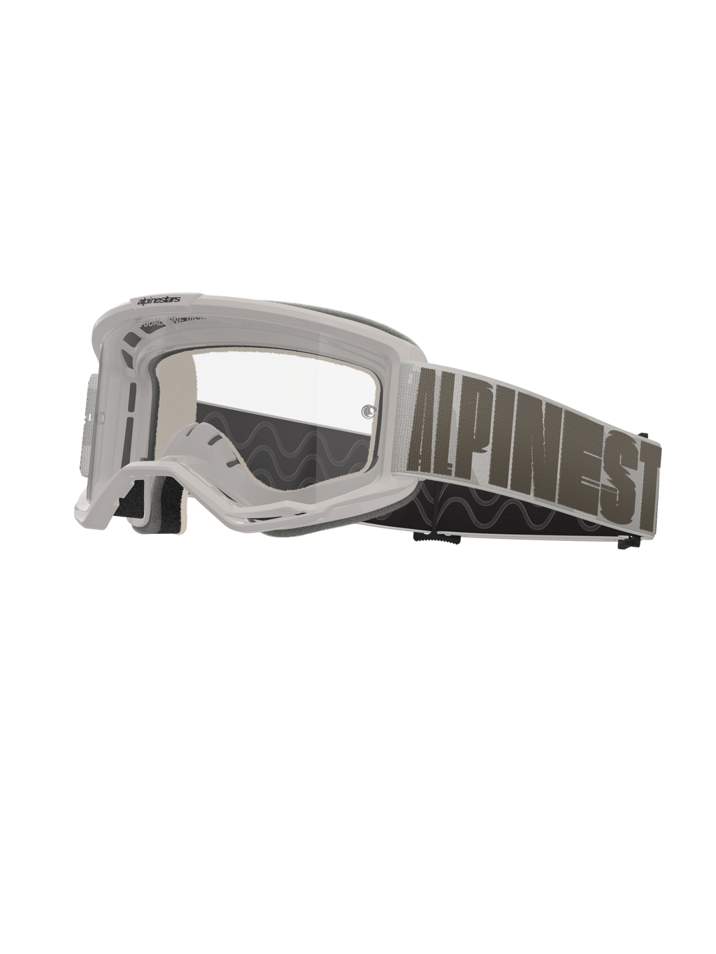 Alpinestars Vision 5 Hollow motorcrossbril, wit frame met heldere lens, brede lichtgrijze band met opvallende donkergrijze Alpinestars-belettering, meerlaagse schuimvulling, hoogwaardige off-road eyewear