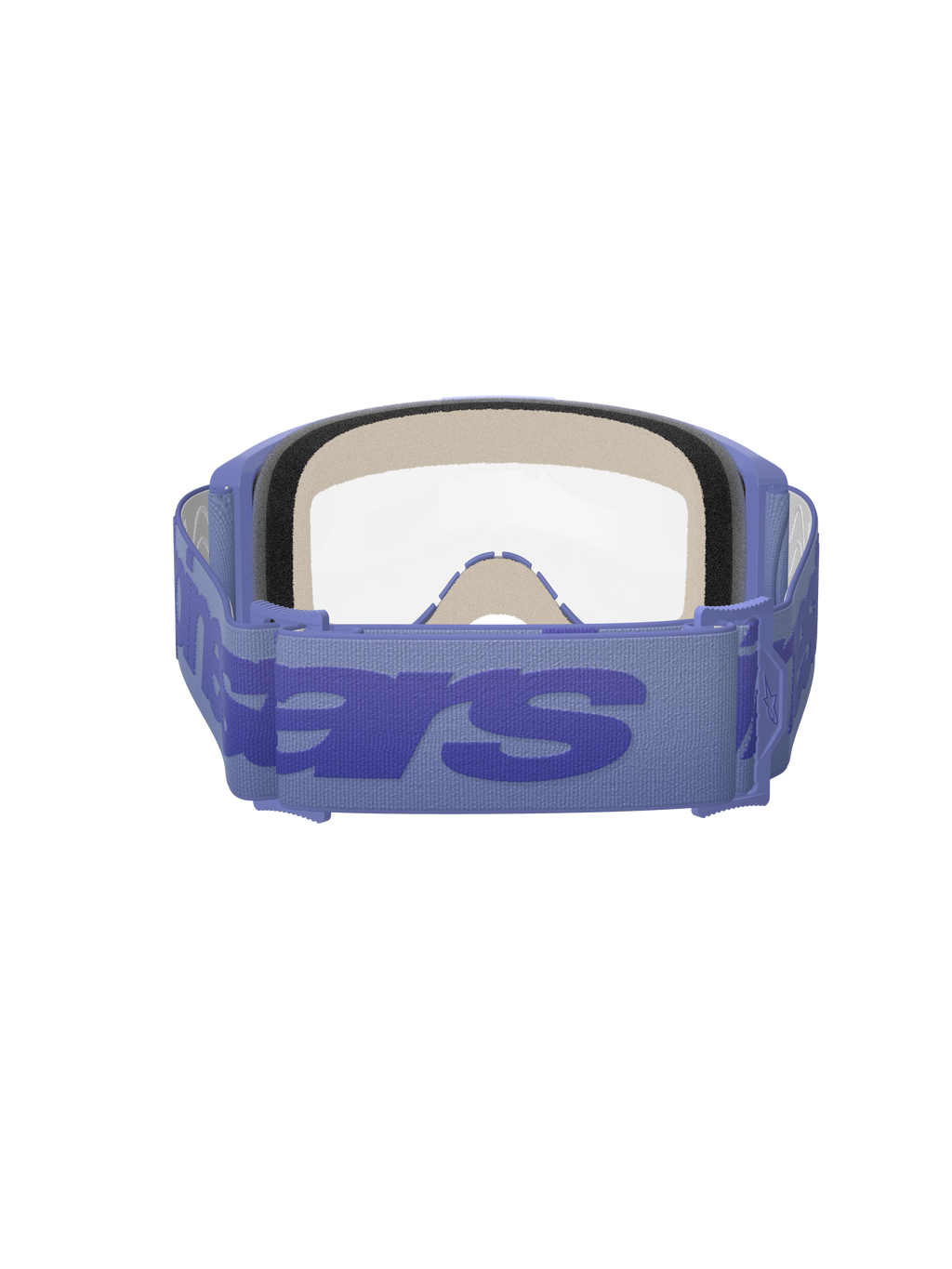 Alpinestars Vision 5 Wordmark Goggles, paars en transparant, achteraanzicht toont drielaags gezichtsschuim, brede paarse geweven band met opvallende wordmark-branding, heldere lens, ontworpen voor motorcross en off-road racen