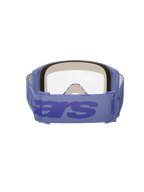 Alpinestars Vision 5 Wordmark Goggles, paars en transparant, achteraanzicht toont drielaags gezichtsschuim, brede paarse geweven band met opvallende wordmark-branding, heldere lens, ontworpen voor motorcross en off-road racen