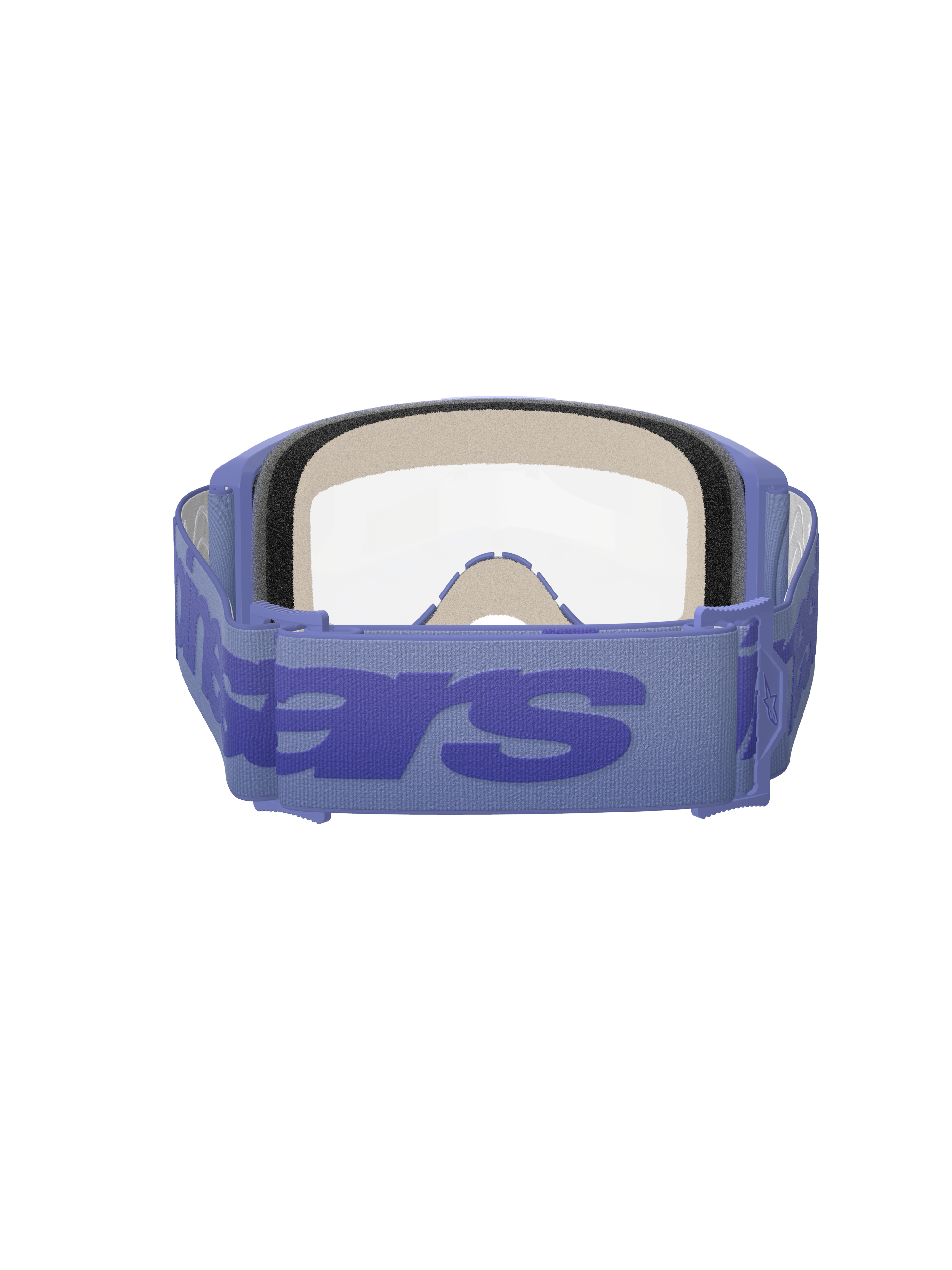 Alpinestars Vision 5 Wordmark Goggles, paars en transparant, achteraanzicht toont drielaags gezichtsschuim, brede paarse geweven band met opvallende wordmark-branding, heldere lens, ontworpen voor motorcross en off-road racen