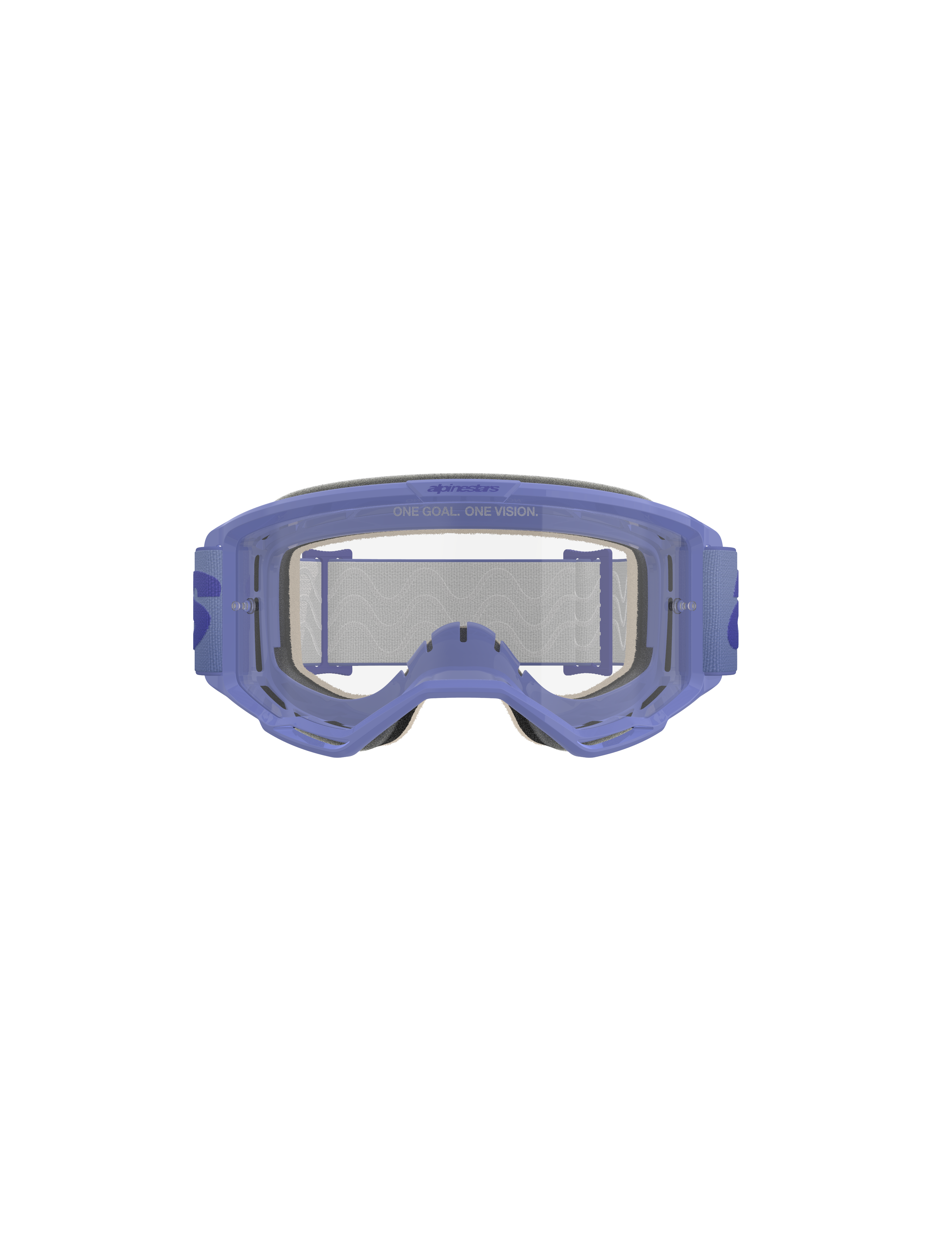 Alpinestars Vision 5 Wordmark crossbril, paars en helder, voorzien van een lichtgewicht A-FLEX urethaan frame, heldere anti-condens polycarbonaat lens met 'ONE GOAL. ONE VISION.' branding, 17 mm meerlaags gezichtsschuim en paarse geweven band met opvallend wordmark-logo, professionele motorcross oogbescherming