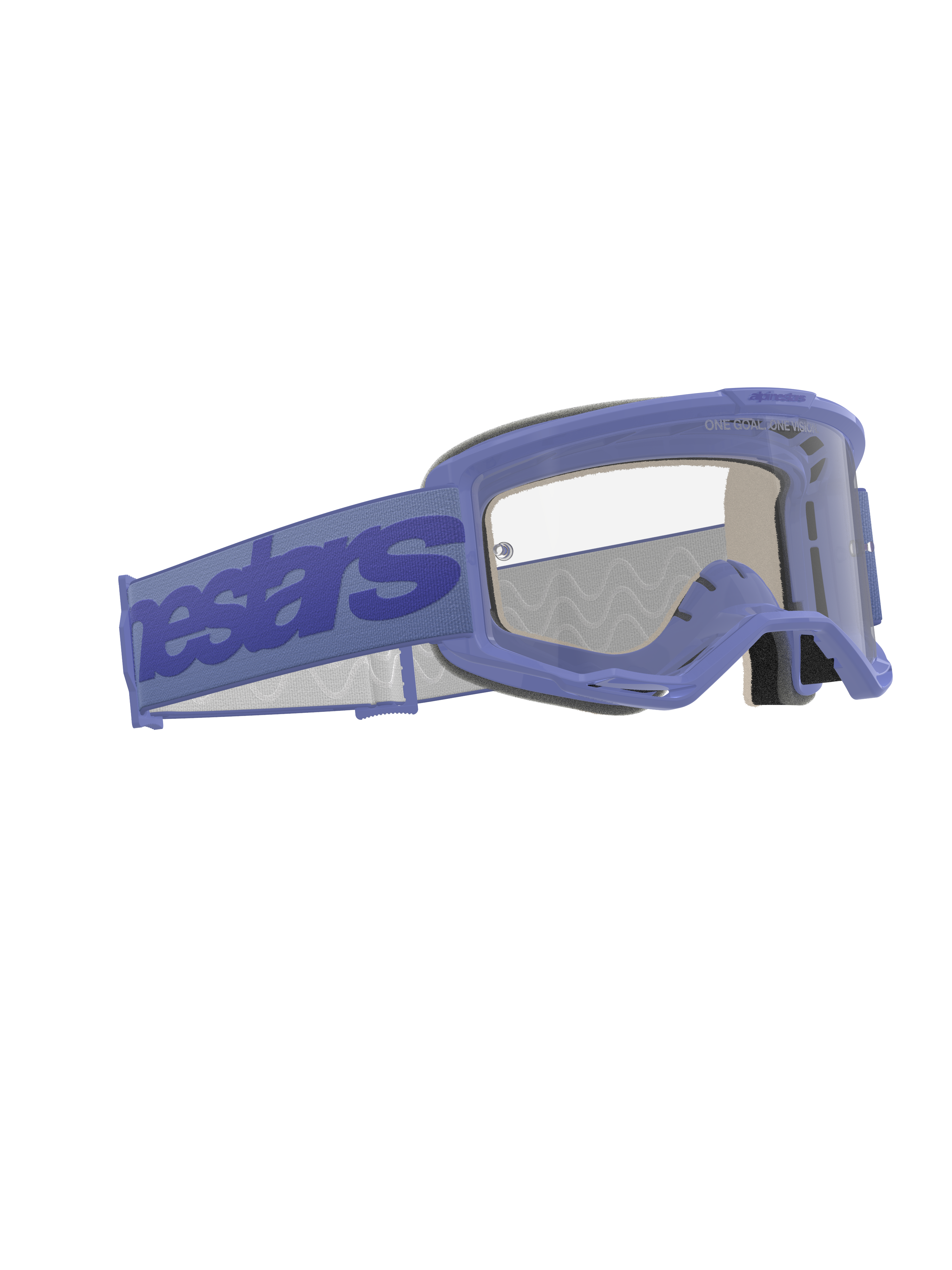 Alpinestars Vision 5 Wordmark crossbril, motorcrossbril, paars en transparant, voorzien van een brede paarse band met Alpinestars-branding, flexibel urethaan frame, heldere anti-condenslens en meerlaags gezichtsschuim