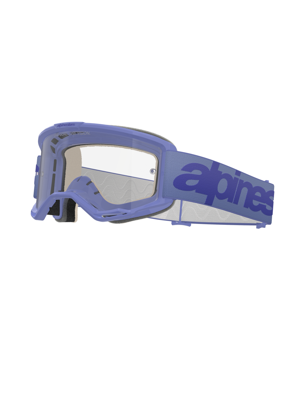 Alpinestars Vision 5 Wordmark Goggles, motorcrossbril, lichtpaars frame met heldere lens, paarse band met donkerblauw woordmerk, geventileerd A-FLEX ontwerp, meerlaags gezichtsschuim, off-road oogbescherming
