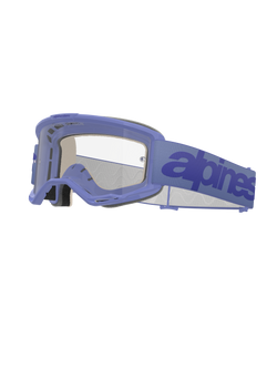 Alpinestars Vision 5 Wordmark Goggles, motorcrossbril, lichtpaars frame met heldere lens, paarse band met donkerblauw woordmerk, geventileerd A-FLEX ontwerp, meerlaags gezichtsschuim, off-road oogbescherming