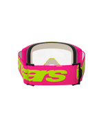 Alpinestars Vision 5 Wordmark Goggles, Motocross-Brille, Pink und Fluo-Gelb, Rückansicht mit breitem gewebtem pinkfarbenem Band, neongelber Alpinestars-Schriftzug, klare Sichtscheibe und mehrlagige Gesichtsschaum-Polsterung