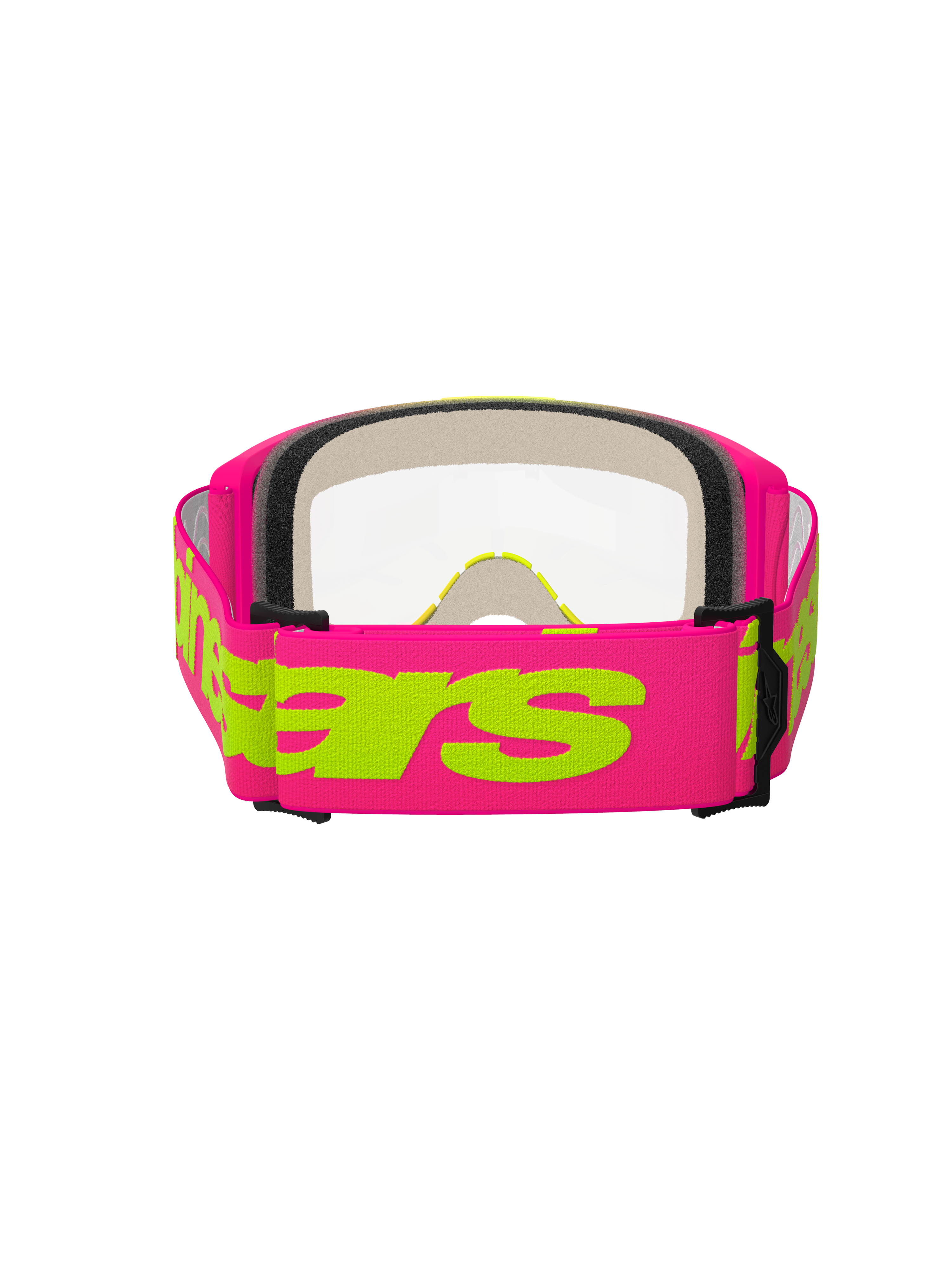 Alpinestars Vision 5 Wordmark Goggles, Motocross-Brille, Pink und Fluo-Gelb, Rückansicht mit breitem gewebtem pinkfarbenem Band, neongelber Alpinestars-Schriftzug, klare Sichtscheibe und mehrlagige Gesichtsschaum-Polsterung