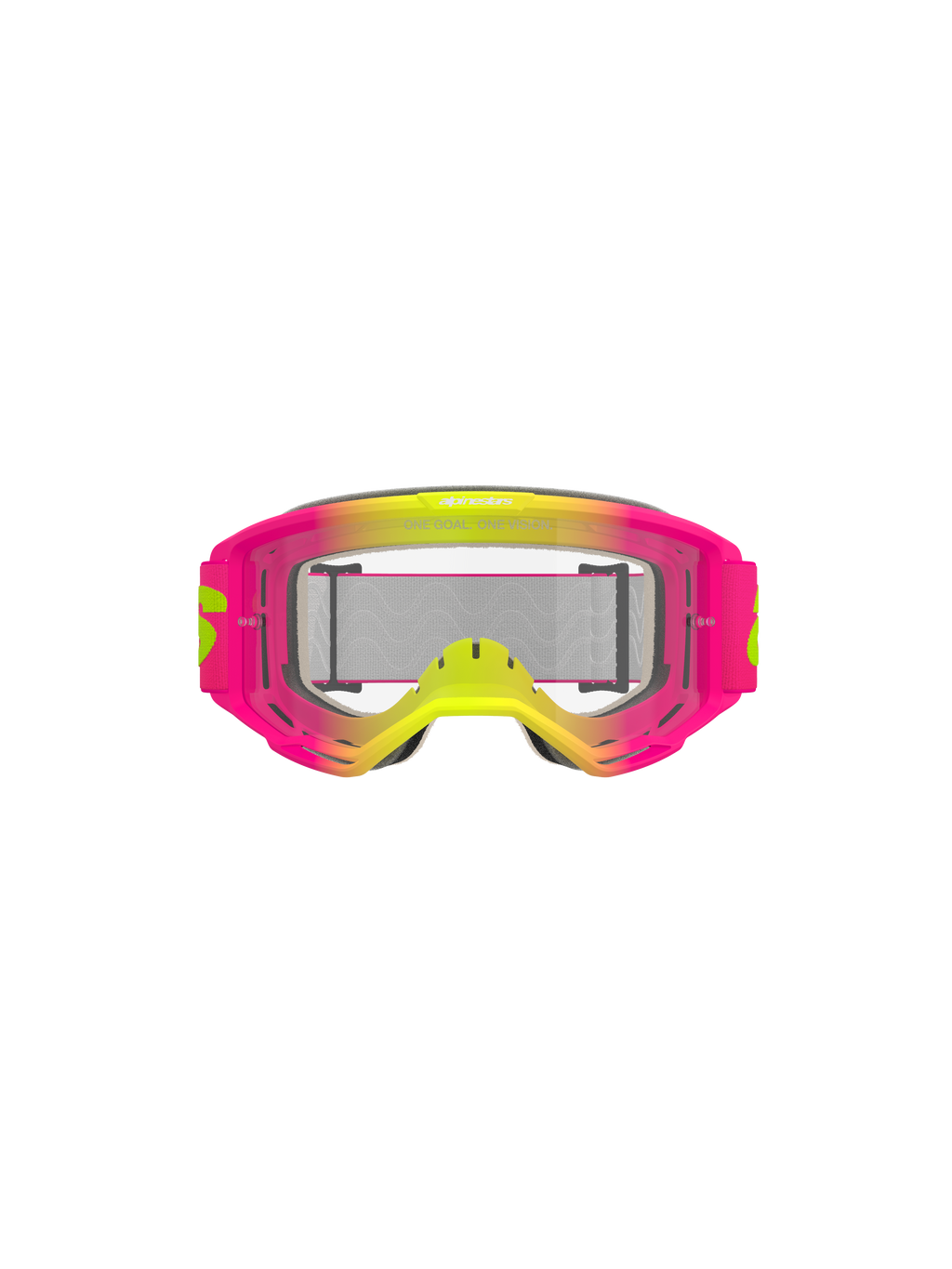 Alpinestars Vision 5 Wordmark Goggles, Motocross-Brille, Pink und Neongelb mit klarer Sichtscheibe, leuchtender Rahmen mit Farbverlauf, breites gewebtes Band mit gelbem Branding, Hochleistungs-Augenschutz für den Offroad-Sport
