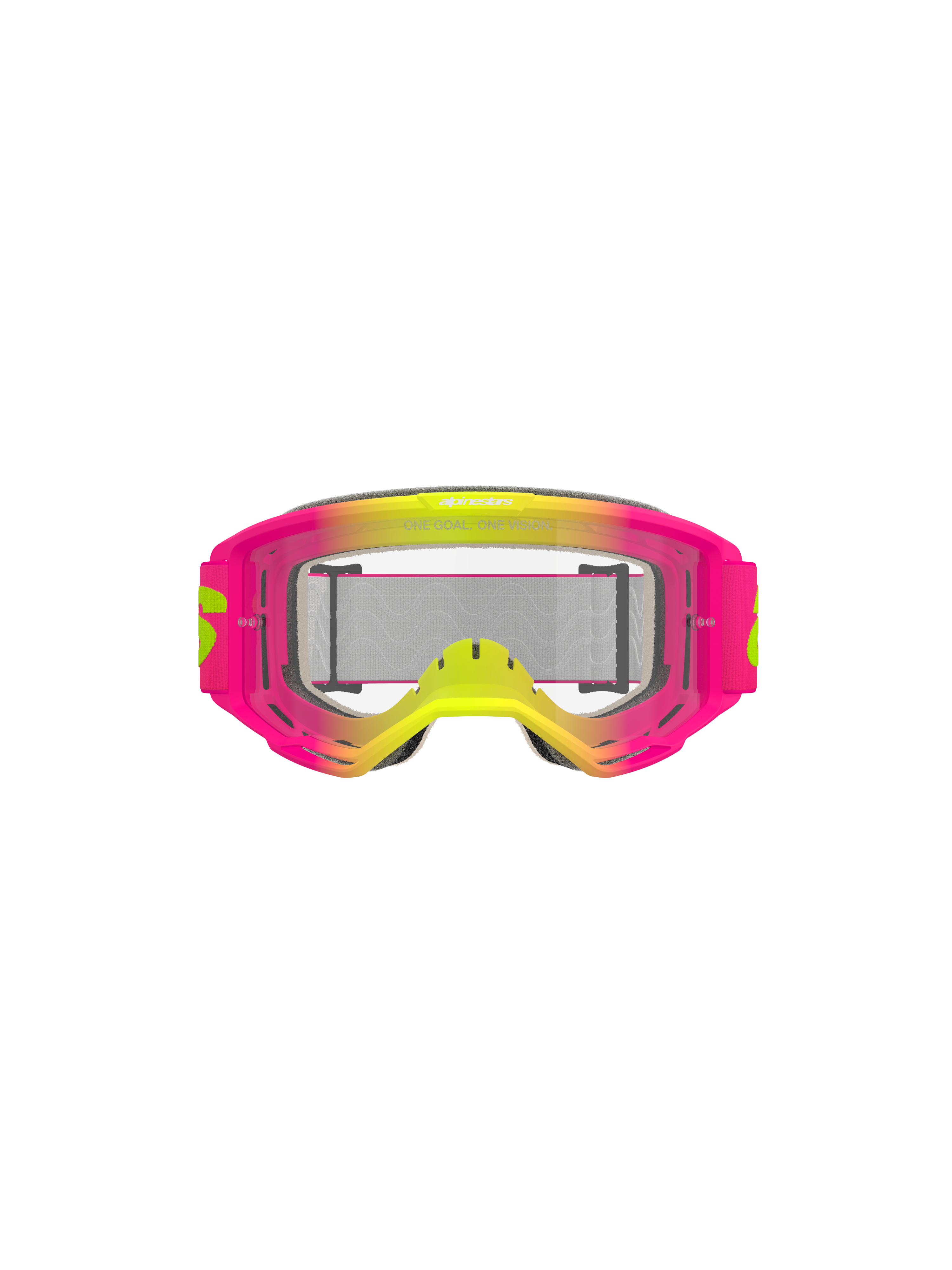 Alpinestars Vision 5 Wordmark Goggles, Motocross-Brille, Pink und Neongelb mit klarer Sichtscheibe, leuchtender Rahmen mit Farbverlauf, breites gewebtes Band mit gelbem Branding, Hochleistungs-Augenschutz für den Offroad-Sport