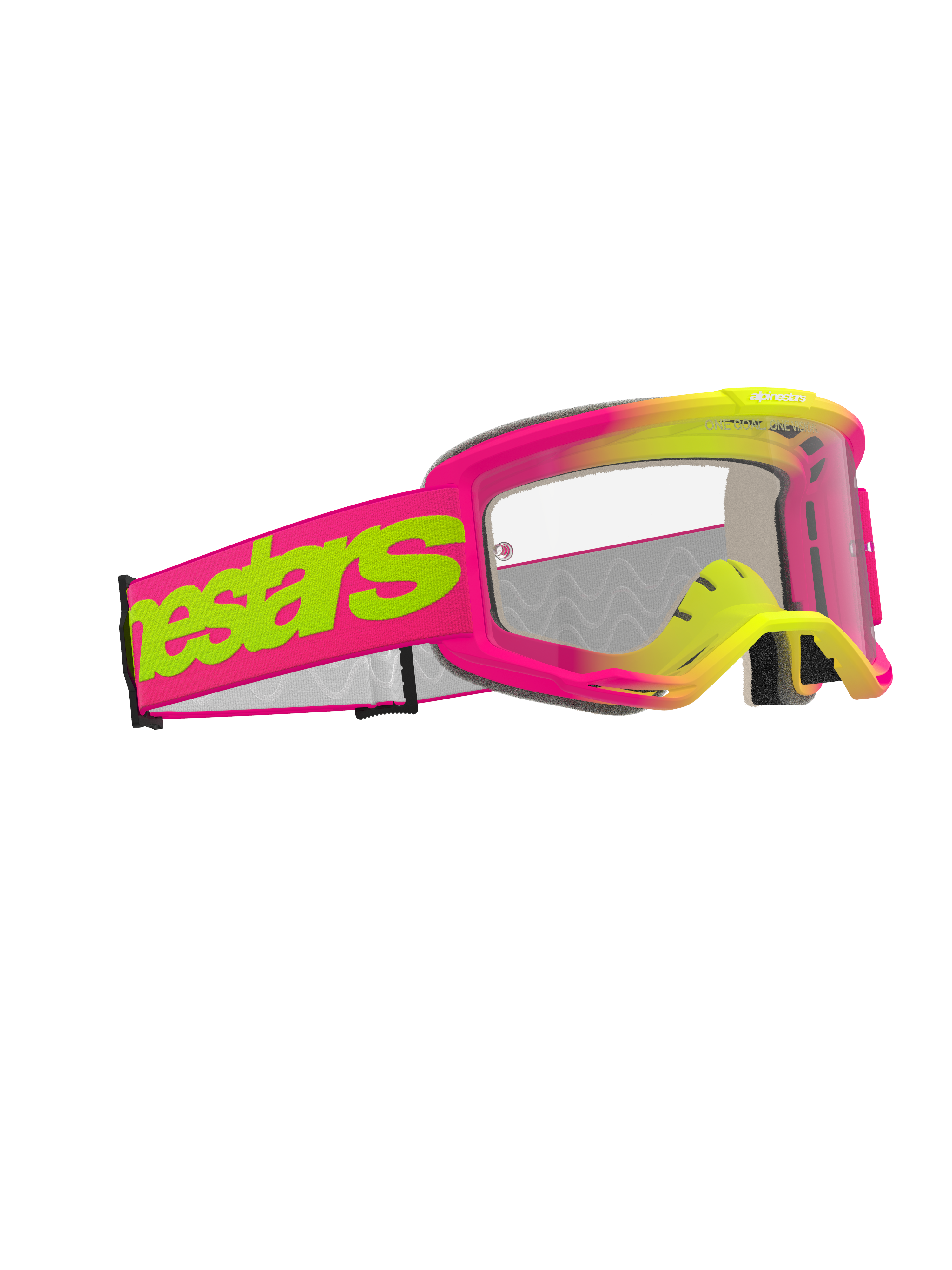 Alpinestars Vision 5 Wordmark Goggles, Motocross-Brille, pinker und neongelber Rahmen mit klarer Scheibe, breites pinkes Band mit markantem neongelbem Alpinestars-Schriftzug, leistungsstarker Augenschutz für den Offroad-Rennsport