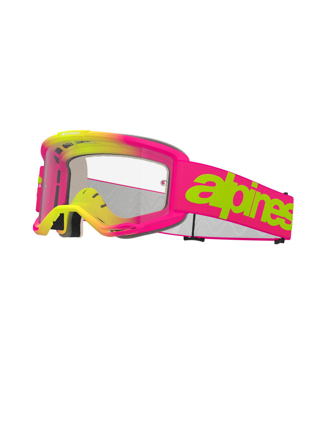 Alpinestars Vision 5 Wordmark Goggles, Motocross-Brille, Pink und Neongelb, klare Linse, markanter limettengrüner Schriftzug auf pinkfarbenem Band, mehrlagiger Gesichtsschaum, belüftetes Design für den Offroad-Rennsport
