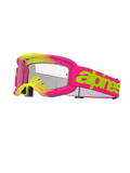 Alpinestars Vision 5 Wordmark Goggles, Motocross-Brille, Pink und Neongelb, klare Linse, markanter limettengrüner Schriftzug auf pinkfarbenem Band, mehrlagiger Gesichtsschaum, belüftetes Design für den Offroad-Rennsport