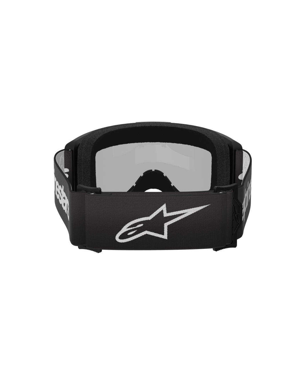 Alpinestars Vision 3 Wordmark Goggles, motorcrossbril, zwart en spiegelzilver, achteraanzicht met een zwarte geweven band met een wit Alpinestars-logo en zachte schuimvulling aan de binnenzijde.