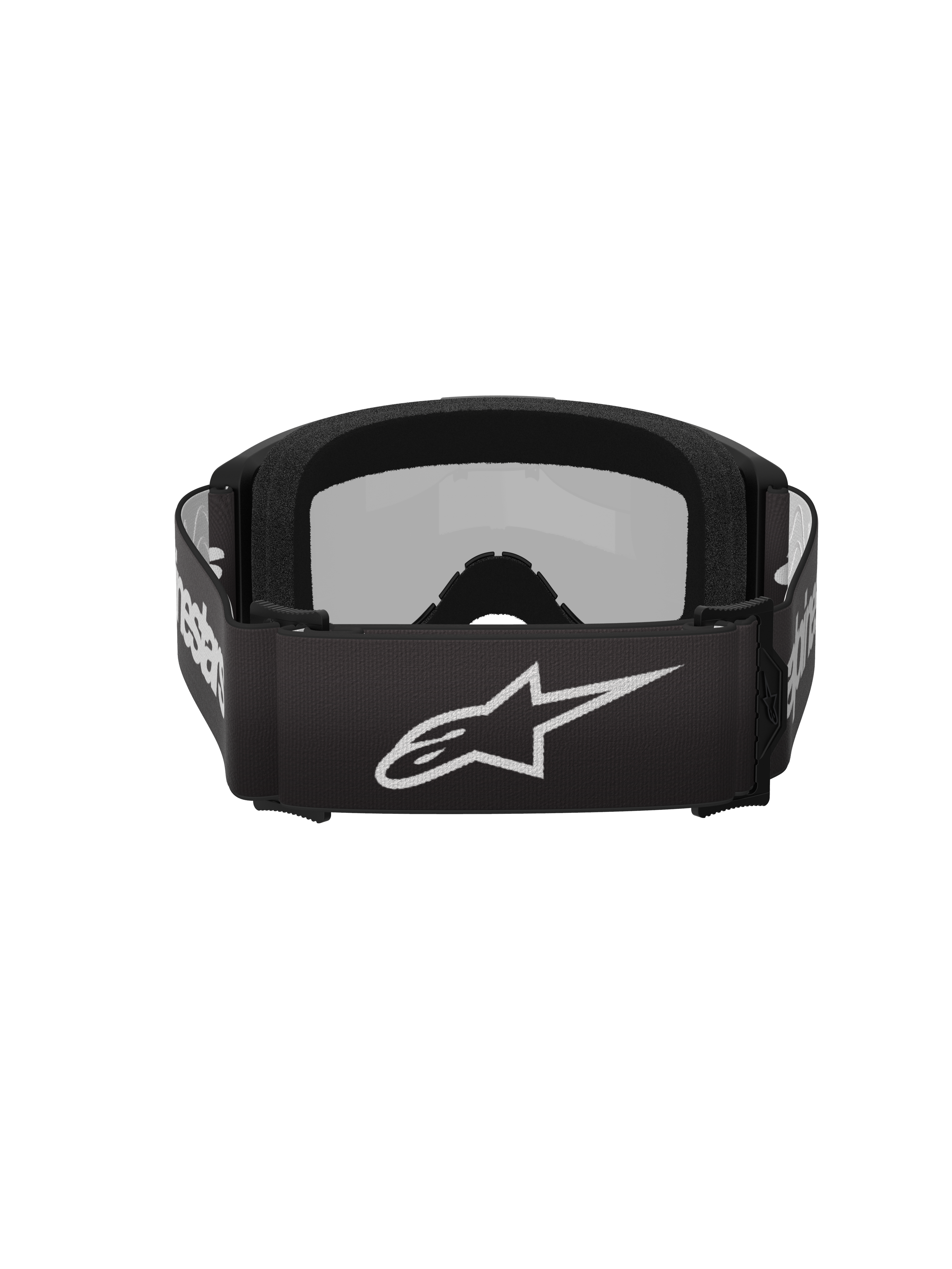 Alpinestars Vision 3 Wordmark Goggles, motorcrossbril, zwart en spiegelzilver, achteraanzicht met een zwarte geweven band met een wit Alpinestars-logo en zachte schuimvulling aan de binnenzijde.