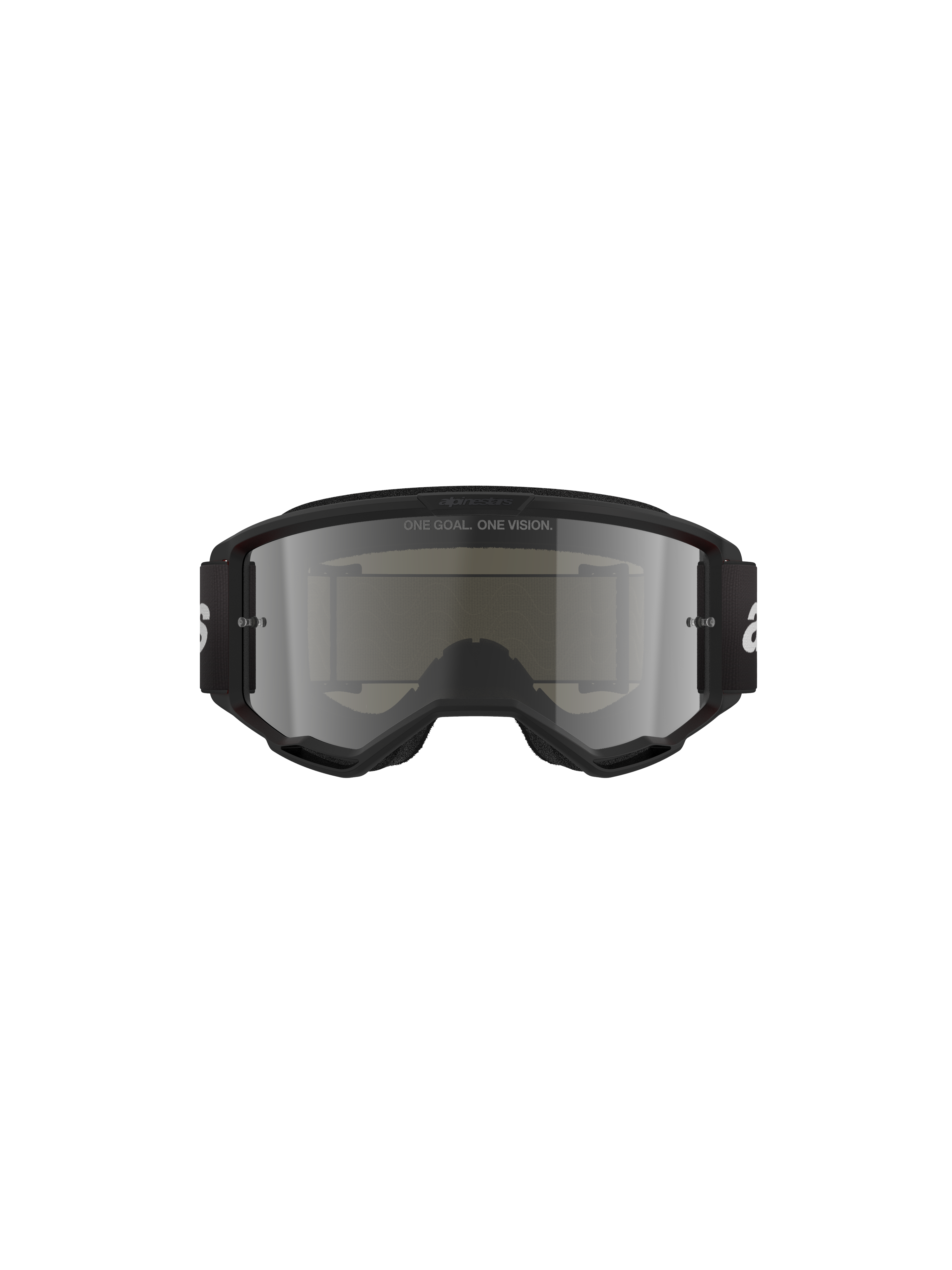 Alpinestars Vision 3 Wordmark crossbril, motorcrossbril, Black Mirror Silver, met een strak zwart frame en zilveren spiegelende lens, zwarte geweven band met witte branding, ontworpen voor off-road racen en oogbescherming