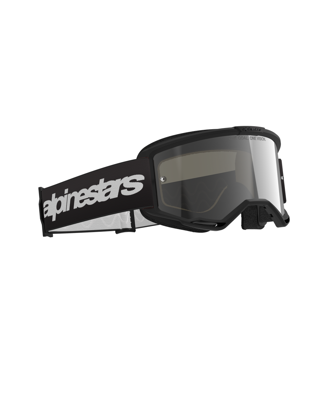 Alpinestars Vision 3 Wordmark Goggles, motorcrossbril, zwart frame met Mirror Silver lens, brede zwarte band met opvallend wit Alpinestars-woordmerklogo, strakke beschermende bril voor off-road racen