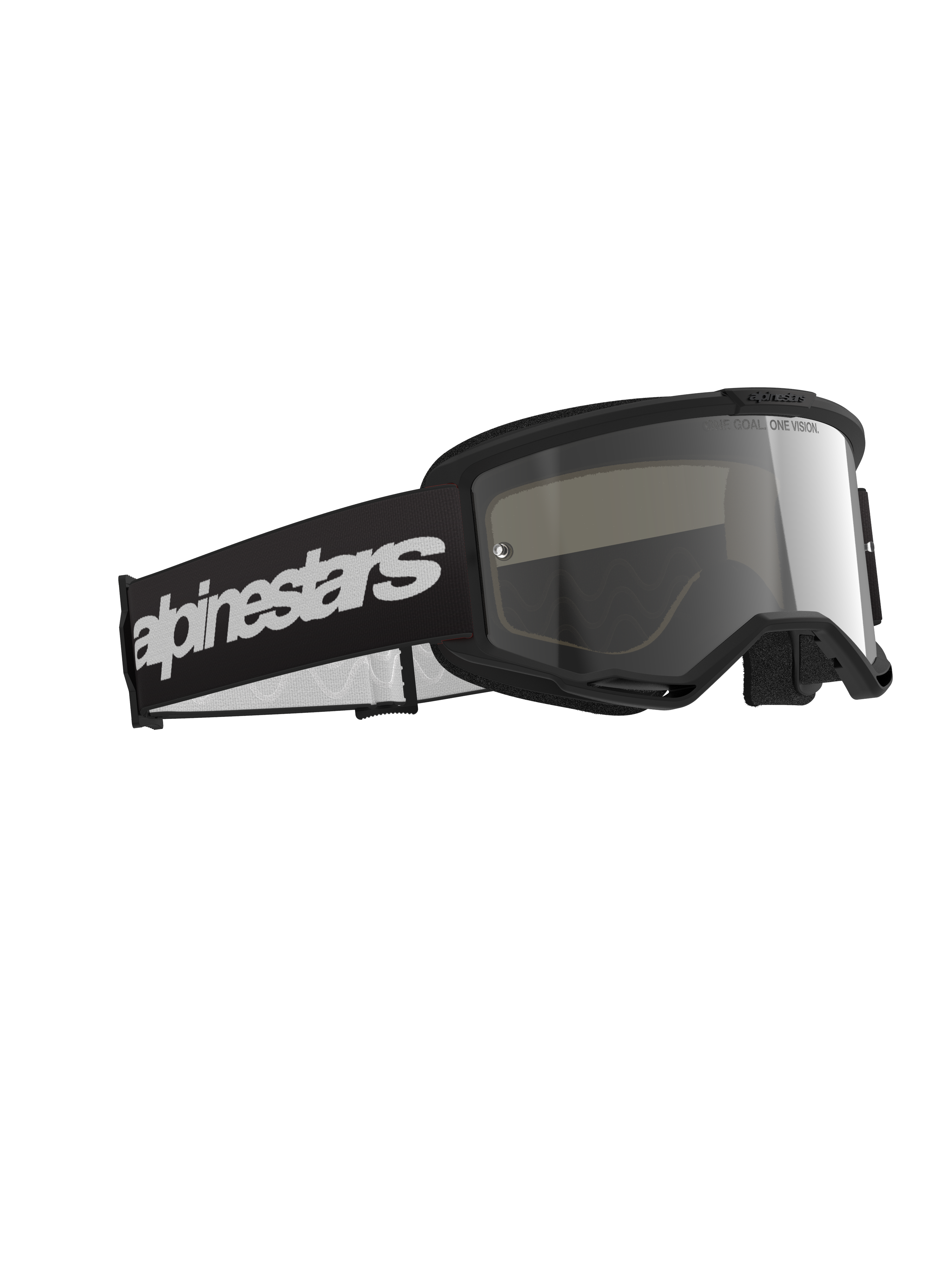 Alpinestars Vision 3 Wordmark Goggles, motorcrossbril, zwart frame met Mirror Silver lens, brede zwarte band met opvallend wit Alpinestars-woordmerklogo, strakke beschermende bril voor off-road racen