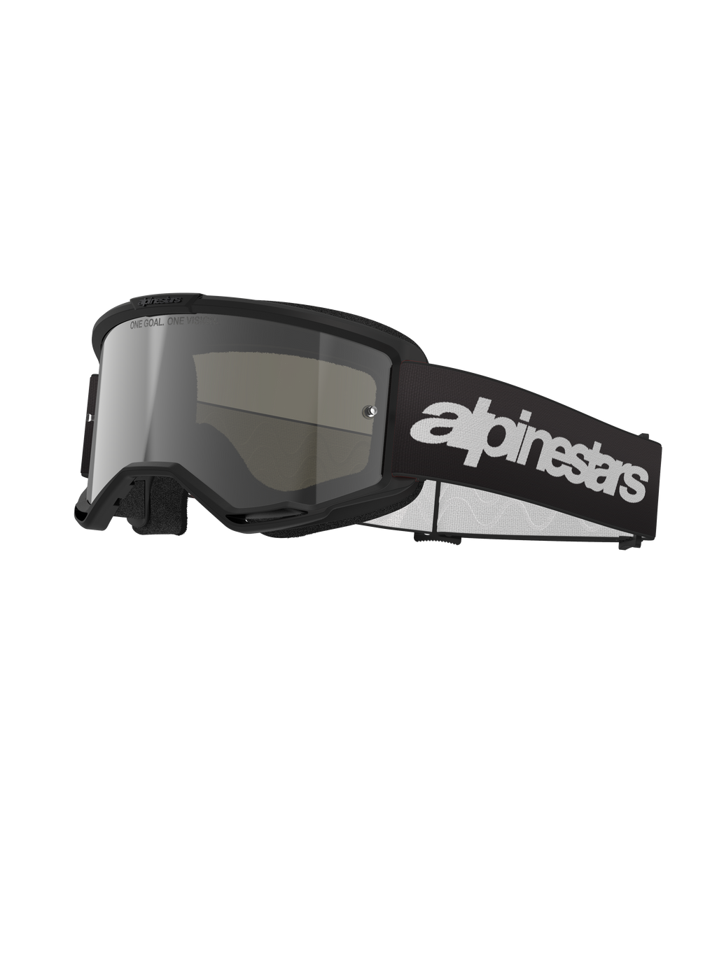 Alpinestars Vision 3 Wordmark motorcrossbril, zwart en spiegelzilver, breed zilver getinte lens, verstelbare zwarte band met prominent wit wordmark-logo, met schuim gevoerd frame met ventilatieopeningen, ontworpen voor off-road racen