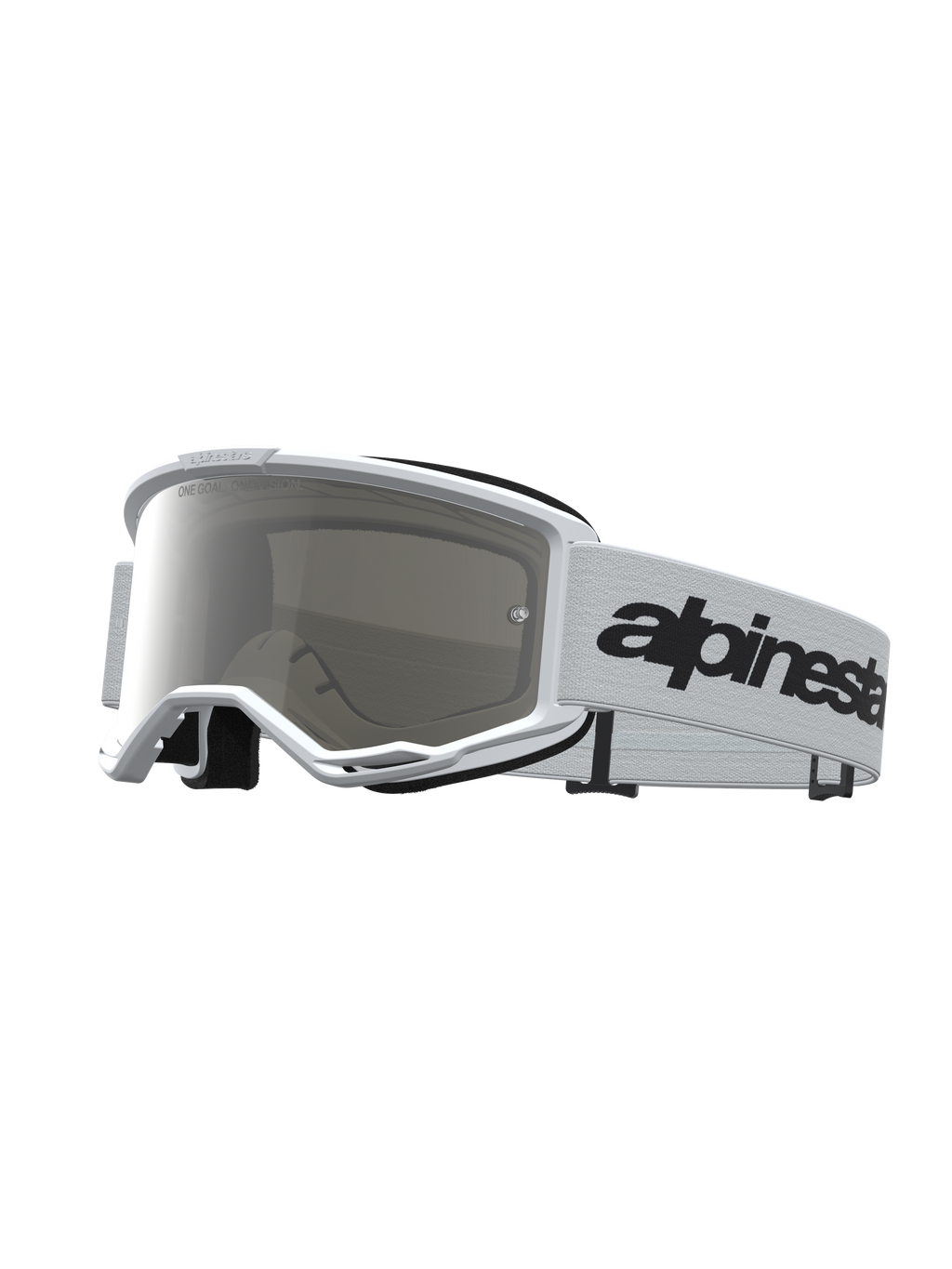 Alpinestars Vision 3 Schutzbrille Wordmark Mirror, weiße Motocross-Brille mit silberner Spiegelscheibe und schwarzem Logo-Band.