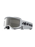 Masque Alpinestars Vision 3 Wordmark Miroir, masque de motocross blanc, lentille argentée et sangle blanche à logo noir.