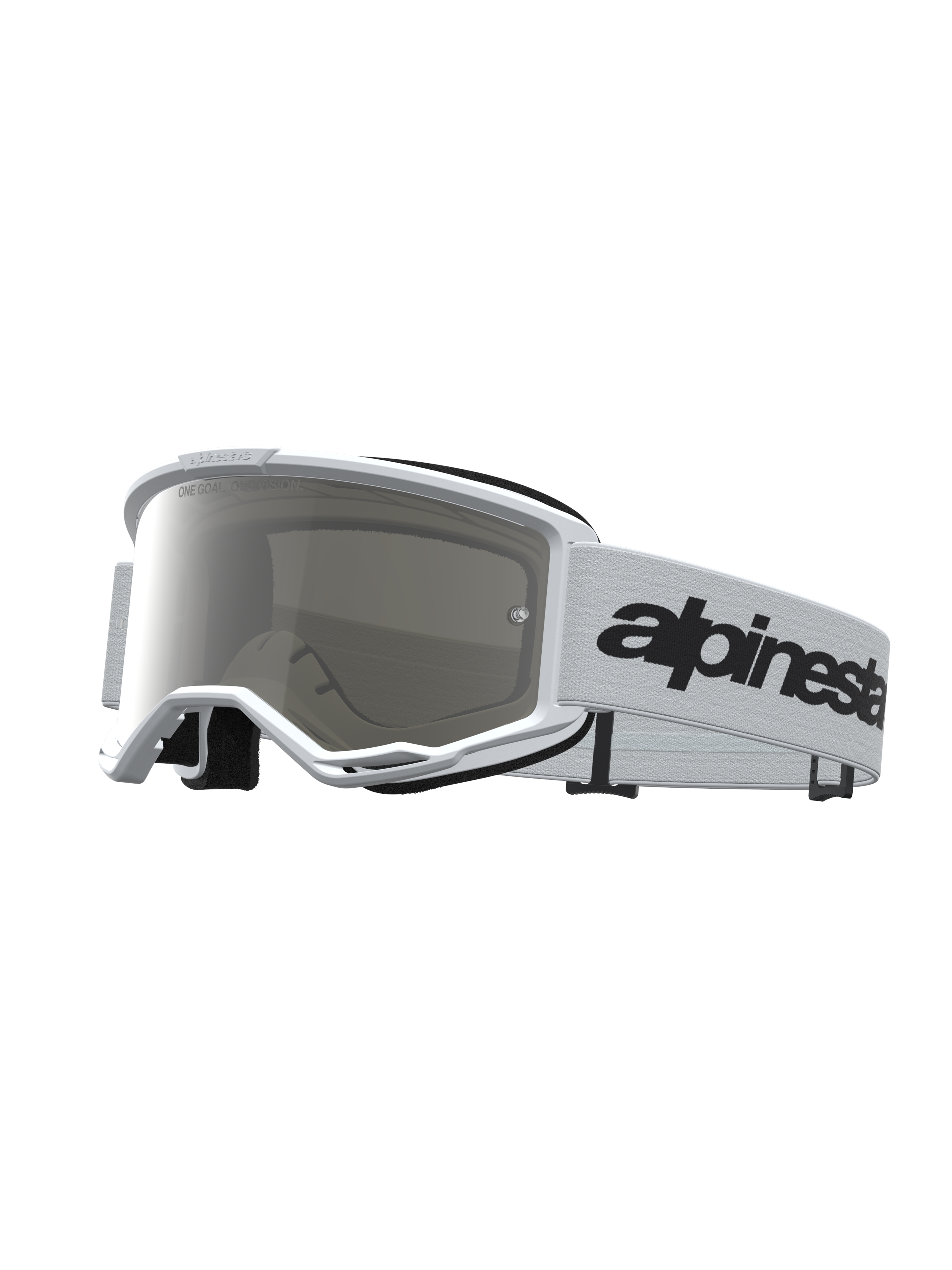 Alpinestars Vision 3 Wordmark Mirror veiligheidsbril, witte motorcrossbril met zilveren anti-fog lens en zwarte logoband.