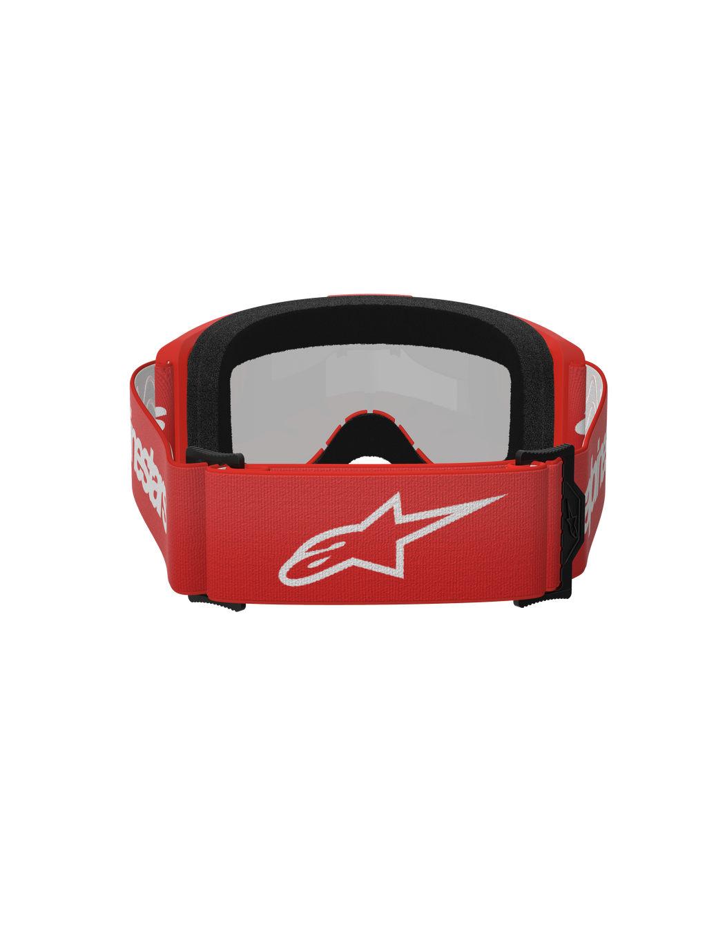 Masque Alpinestars Vision 3 Wordmark, lunettes de motocross, rouge miroir argenté, vue arrière présentant un bandeau tissé rouge avec un logo Alpinestars blanc, mousse faciale EO15 noire et ajustement réglable pour la performance tout-terrain.