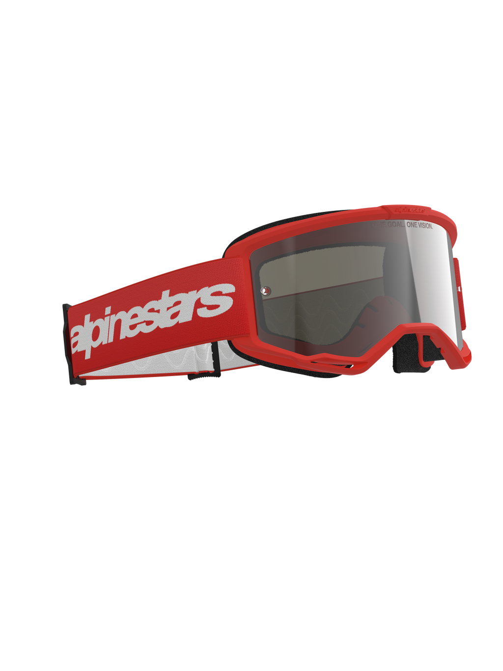 Alpinestars Vision 3 Wordmark Goggles, masque de motocross, monture rouge avec bandeau rouge assorti orné d'un grand logo blanc, écran miroir argenté, conçu pour le tout-terrain et le motocross