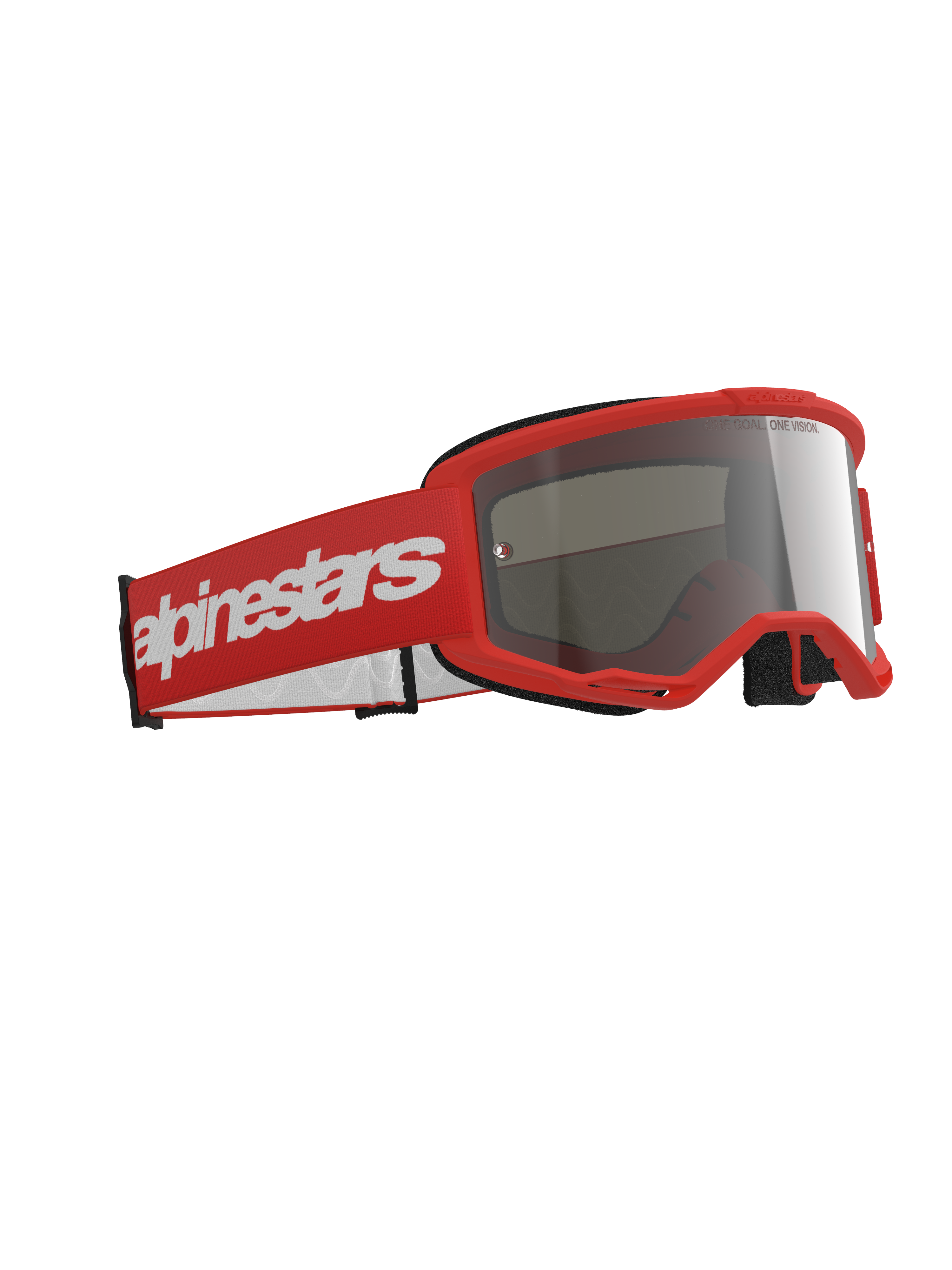 Alpinestars Vision 3 Wordmark Goggles, masque de motocross, monture rouge avec bandeau rouge assorti orné d'un grand logo blanc, écran miroir argenté, conçu pour le tout-terrain et le motocross