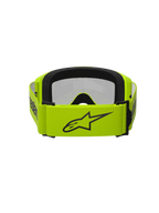 Alpinestars Vision 3 Wordmark Brille, Motocross-Brille, Gelb Fluo und Silber verspiegelt, Rückansicht mit breitem fluoreszierend gelbem Band mit schwarzem Stern-Logo und Branding, schwarzer Gesichtsschaum, entwickelt für Offroad-Rennsport