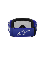 Masque Alpinestars Vision 3 Wordmark, lunettes de motocross, Bleu Miroir Silver, vue arrière montrant la sangle tissée bleue avec le logo Alpinestars blanc et la mousse faciale noire à double couche