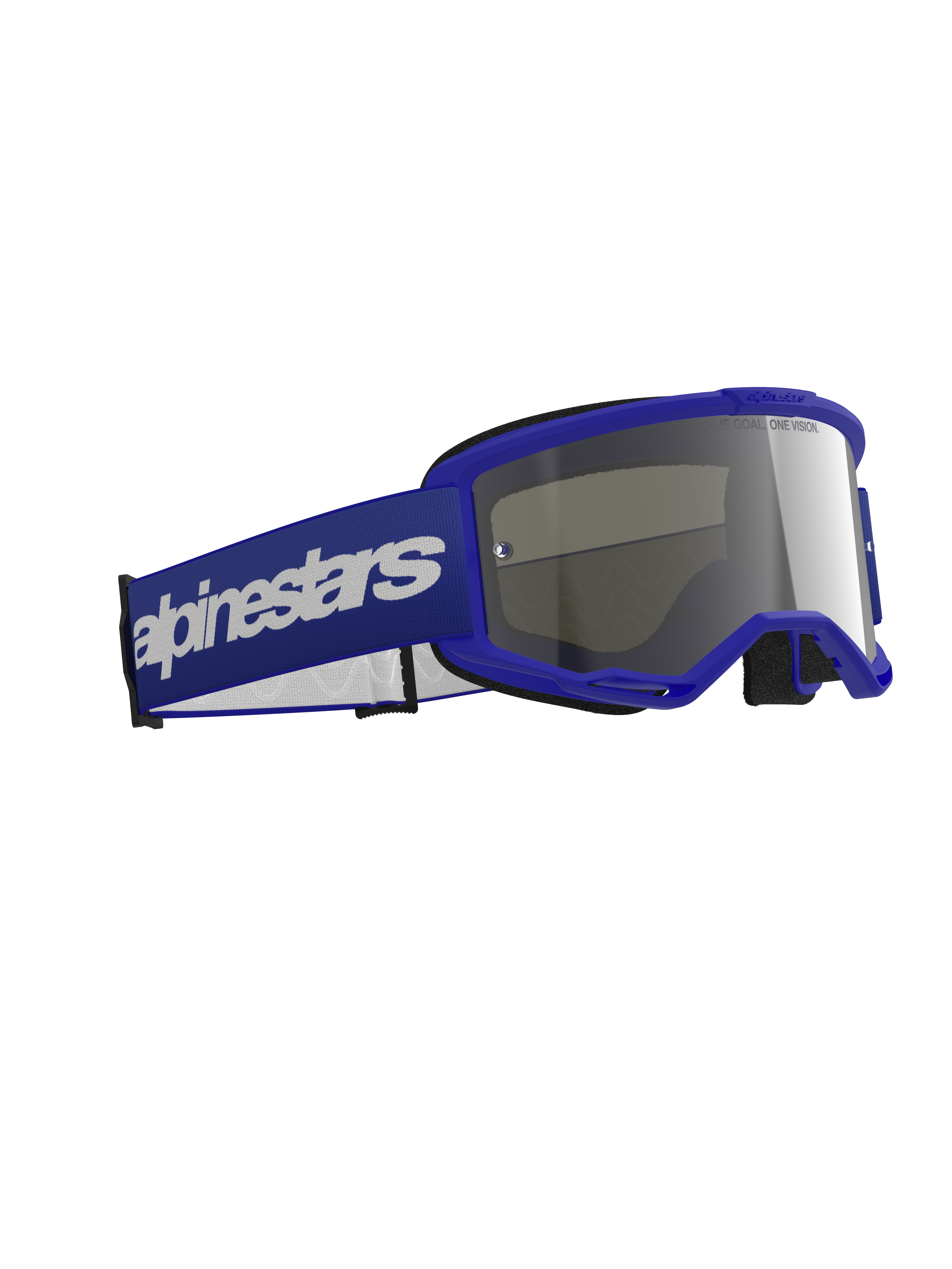 Lunettes Alpinestars Vision 3 Wordmark, lunettes de motocross, bleu avec écran miroir argenté, monture bleue et large bandeau bleu avec logo lettrage blanc, conception durable pour la course tout-terrain