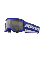 Alpinestars Vision 3 Wordmark Goggles, lunettes de motocross, monture bleue avec écran miroir argenté, large sangle bleue ajustable avec logo Alpinestars blanc, mousse faciale noire, lunettes de protection pour le tout-terrain et la moto cross